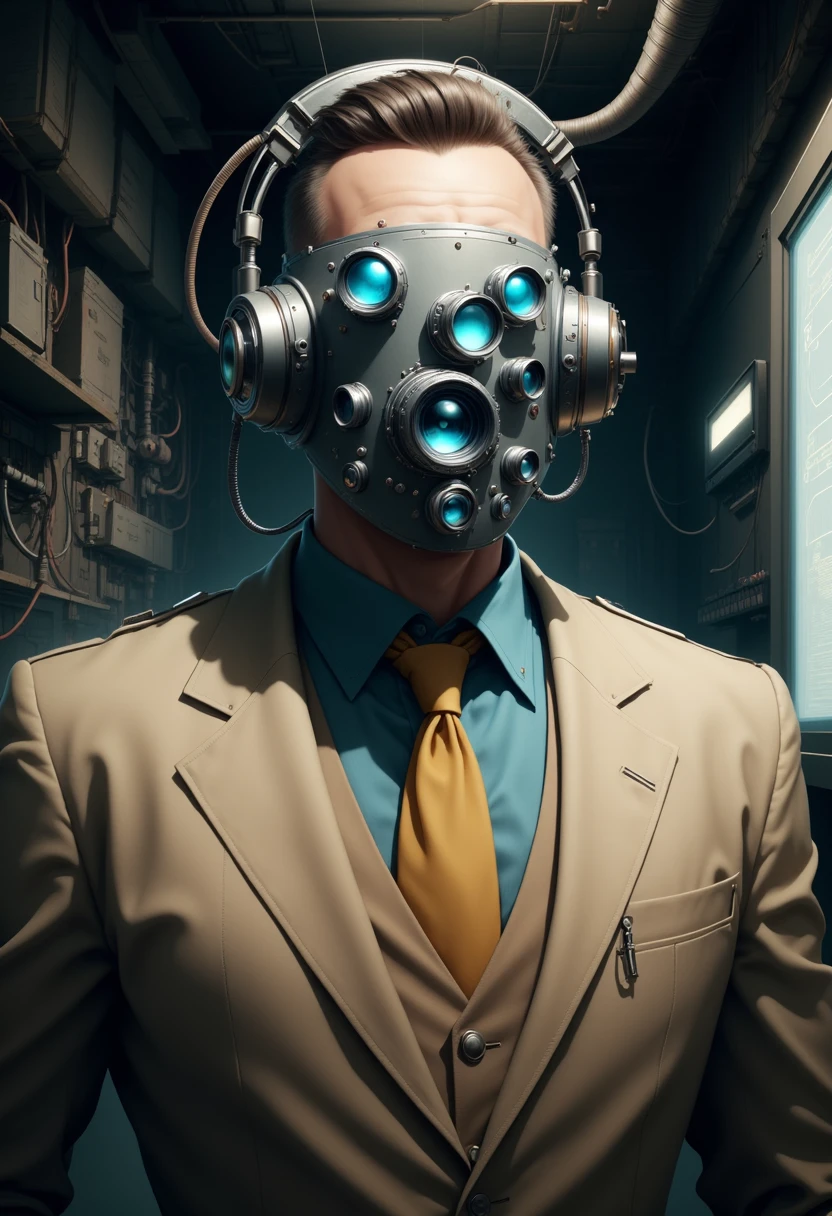 YFG-SpyWorld50s The image is a digital illustration of a futuristic-looking man's head and upper body. The man is wearing a beige suit with a blue shirt and a yellow tie. He has a large headpiece that covers his entire face. The headpiece is made of metal and has multiple circular lenses attached to it. The lenses are blue and appear to be reflecting the light from the room. The room is filled with various mechanical equipment and wires, including a large screen on the right side of the image. The walls are covered in wires and cables, and there is a hint of smoke or fog in the background. The overall atmosphere of the room is dark and mysterious.