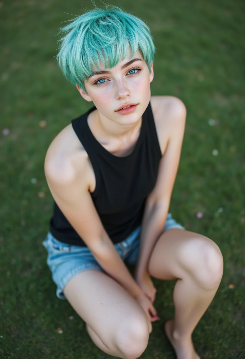 FictionalVicky short teal pixie cut hairstyle, slender frame, pale white skin, blue eyes. wearing a black tanktop and denim shorts. Sitting in the grass