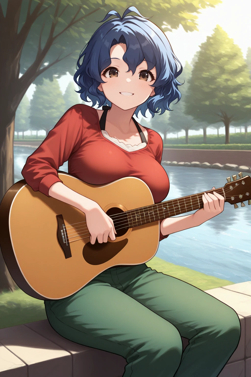 masterpiece, best quality, looking at viewer, grin, 1girl, ftk, short hair, antenna hair, wavy hair, hair between eyes, blue hair, brown eyes, large breasts, red shirt, green pants, playing guitar, acoustic guitar, sitting on wall, outdoors, park, sunlight, tree, river, <lora:Hoseki_Idolmaster_FukaToyokawa_IllustriousXL_v1:1>