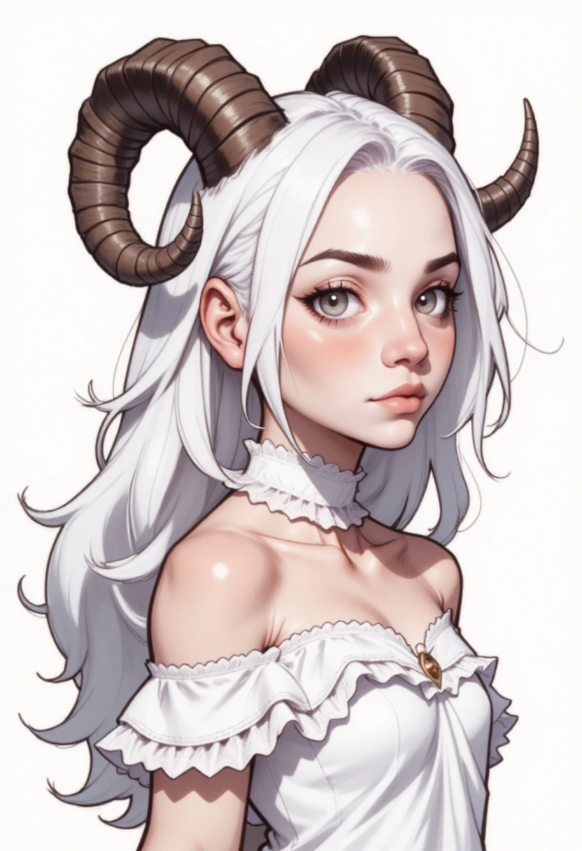 a pale-skinned woman with white hair long wavy hair adorned with  ram's horns. She wears a white off-shoulder dress with lace trim and lace choker. upper body from the side, grey eyes, a digital illustration in the commix style  <lora:commixv3-f:2> commix