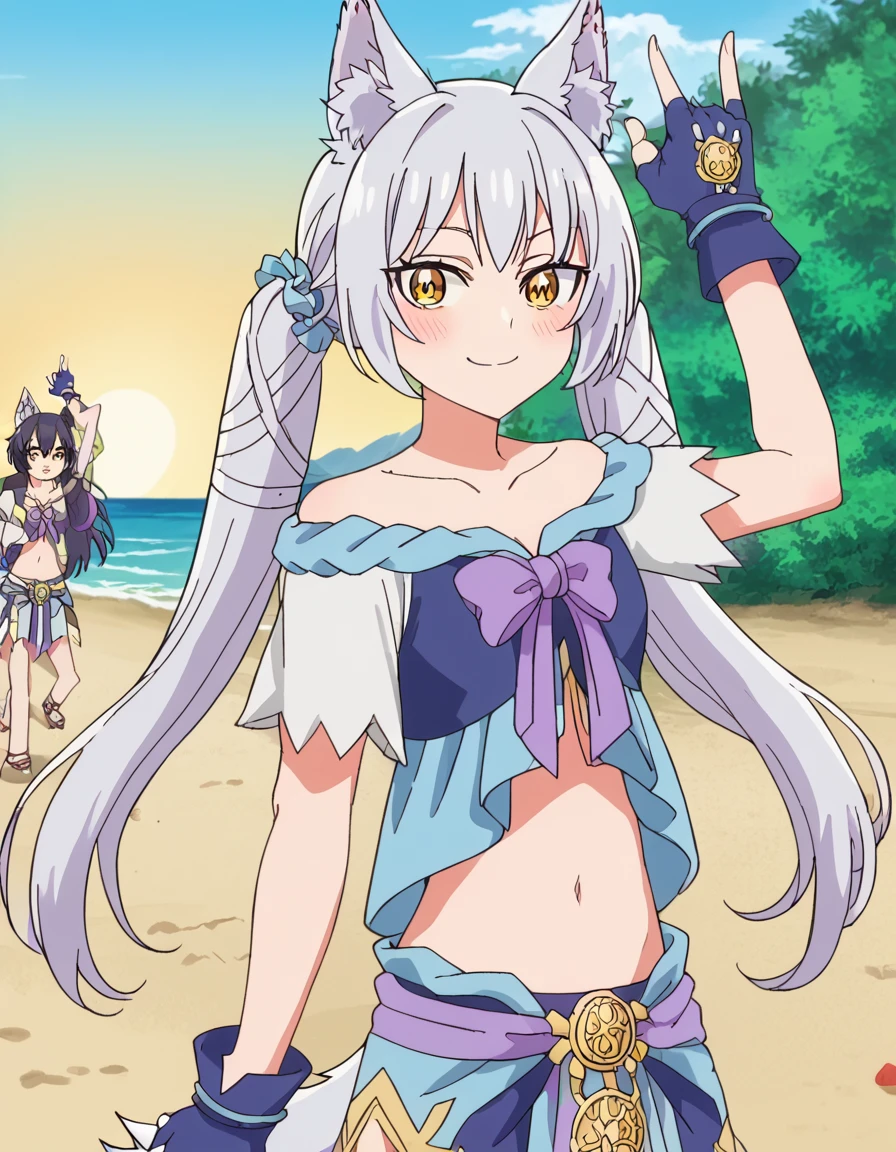 score_9, score_8_up, score_7_up, source_anime, <lora:seireigensouki-sara-s2-ponyxl-lora-nochekaiser:1>, sara, long hair, bangs, animal ears, twintails, yellow eyes, animal ear fluff, wolf ears, anime screencap,, gloves, bow, navel, collarbone, midriff, fingerless gloves, blue gloves, pelvic curtain,, beach, sunset, walking along shore, footprints in sand, waves, peaceful, , <lora:killer-queens-pose-ponyxl-lora-nochekaiser:1>, killer queens pose, killer queens's pose (jojo), jojo pose, arm up, hand up, \n/, double \n/, arm down, hand down, blush, smile, cowboy shot,, looking at viewer, solo,, cowboy shot
