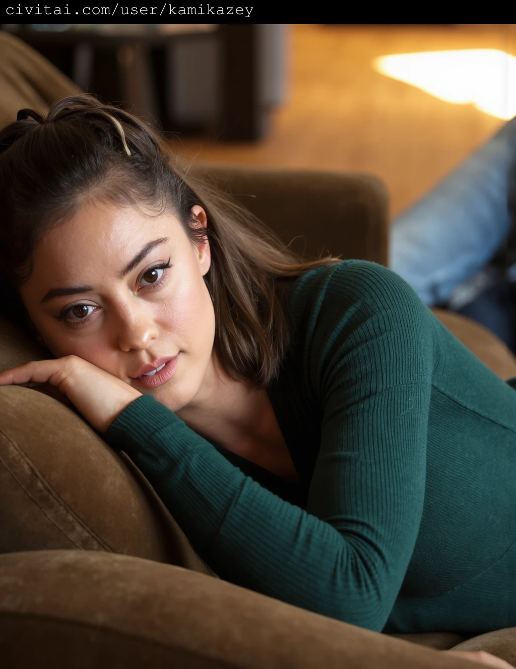 This is a high-resolution photograph featuring rosa_salazar with a fair complexion and long, dark brown hair styled in loose waves. She is lying on her side on a plush, brown velvet couch, her face resting on her left arm while her right arm is bent to support her head. Her gaze is directed toward the camera, with a slight, sultry expression. She wears a fitted, long-sleeve, ribbed knit top in a dark green color, which contrasts subtly with her fair skin. Her bottom half is clad in light blue, form-fitting jeans that accentuate her slender physique. The background is softly blurred, revealing a warm-toned wooden floor and a portion of a dark wooden table, adding a cozy, intimate ambiance to the scene. The photograph is styled in a modern, intimate fashion, emphasizing natural lighting that casts gentle shadows, enhancing the texture of the fabric and the smoothness of her skin. The overall mood is relaxed yet sensual, with the focus on the subject's facial expression and body language, highlighting a sense of calm introspection.