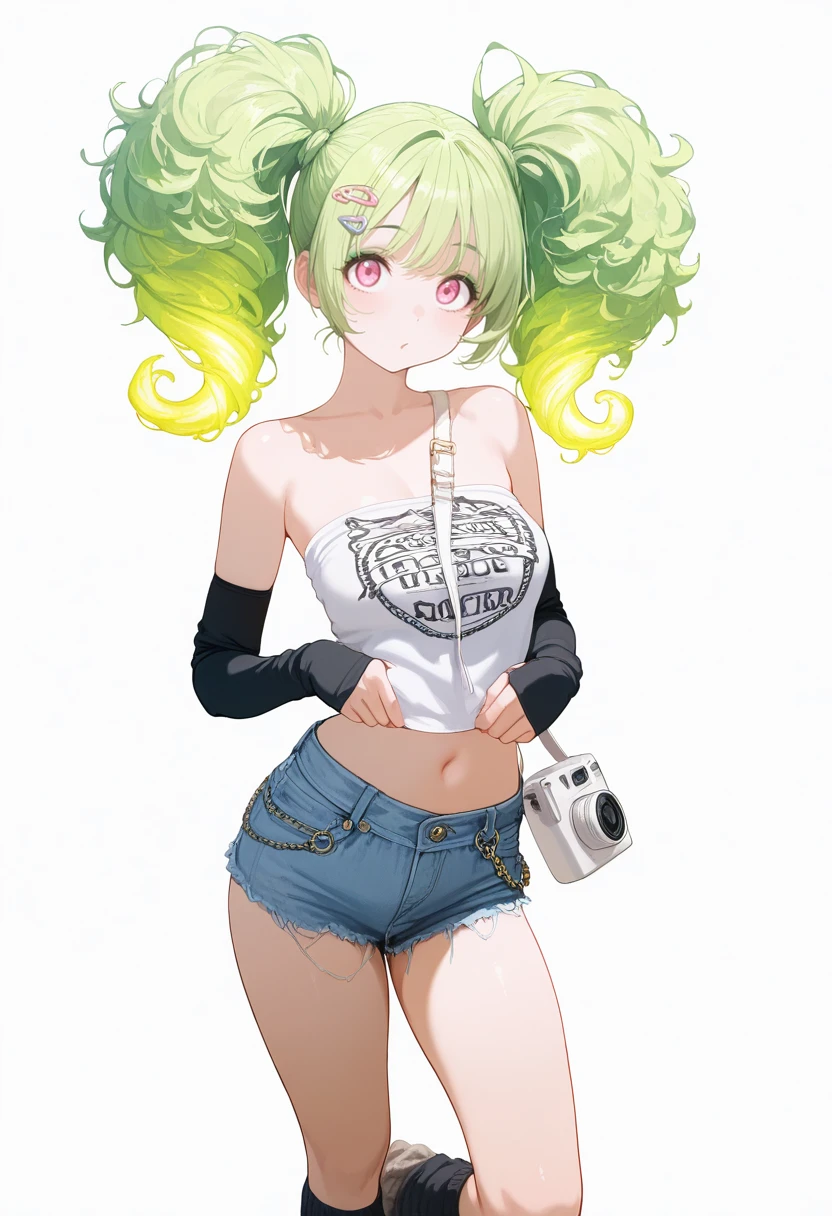 masterpiece,best quality,amazing quality, sharp details,
1girl, 
outfit 1, tube top, denim shorts, hip chain, shoulder bag, polaroid camera,  arm warmers,
breasts,  
tareme,  pink eyes, eyeshadow, ,
lime green hair, glowing hair, very short hair, curly hair,  twintails,  big hair,  , 
 hairclip, loose socks,black socks,  boots, 
standing,  dynamic pose,
simple background, white background,
masterpiece, best quality, amazing quality, very aesthetic, absurdres, newest, scenery
 <lora:995sk outfit IL V6:0.8>