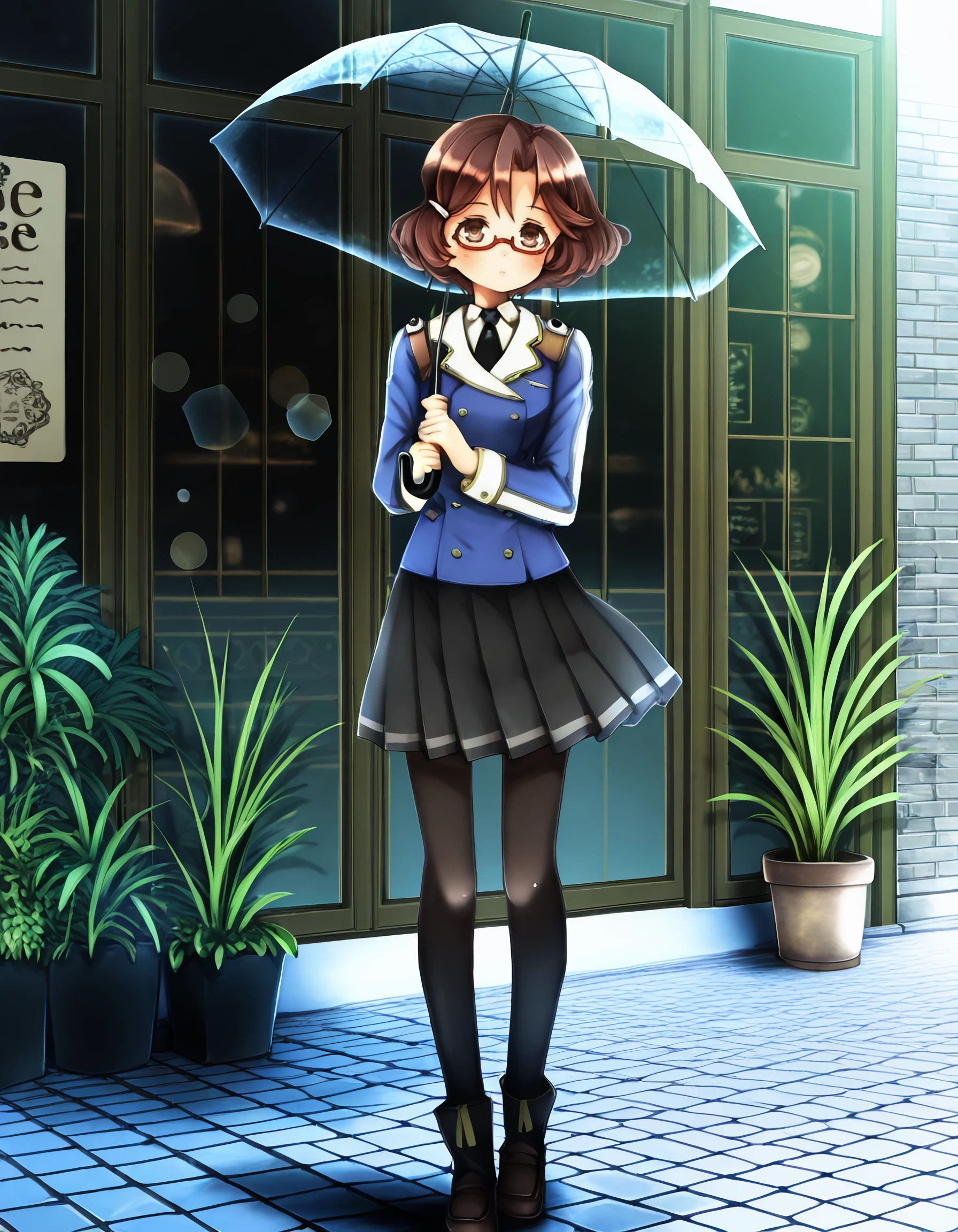 <lora:hundred_-_erica_candle_il:1> rating:safe, hundred_-_erica_candle, short_hair, brown_hair, hair_ornament, hairclip, brown_eyes, semi-rimless_eyewear, red-framed_eyewear, school_uniform, jacket, long_sleeves, black_necktie, skirt, black_pantyhose, boots, lens_flare, floating_hair, floating_clothes, (1990s_\(style\)), (nanashi_\(nlo\):1.0), 1girl, facing_away, full_body, green_theme, holding, holding_umbrella, kneehighs, loafers, plant, solo, standing, transparent, transparent_umbrella, umbrella, cafe, dark, masterpiece, detailed, best_quality