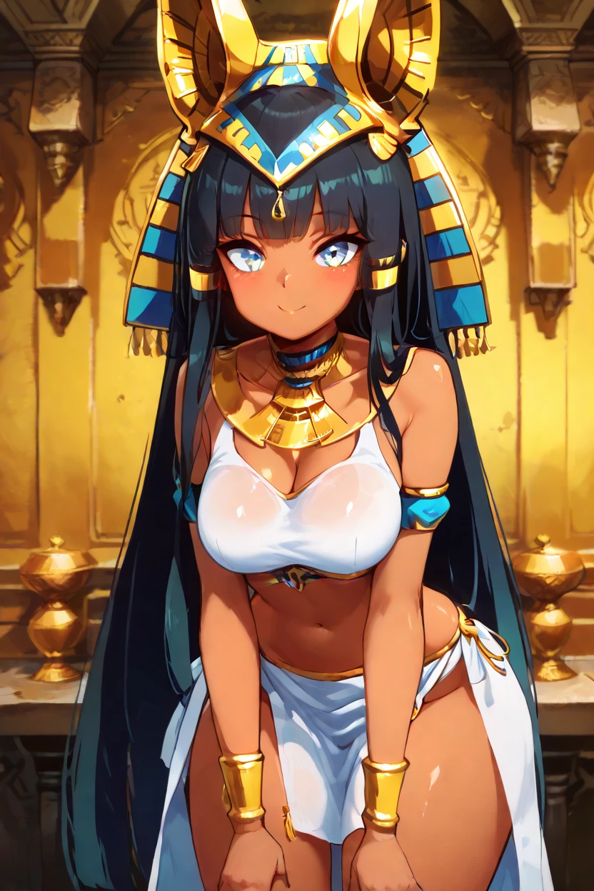 masterpiece, best quality, solo, curvy, beautiful eyes,,<lora:RamessesIXL:1.0>, zzRamesses, blue eyes, black hair, dark skin, pharaoh's headdress, jewelry, gold, white crop top, white pelvic curtain,, cowboy shot, leaning forward, smile, looking at viewer, shiny skin,<lora:DiivesIXL:1.0>,