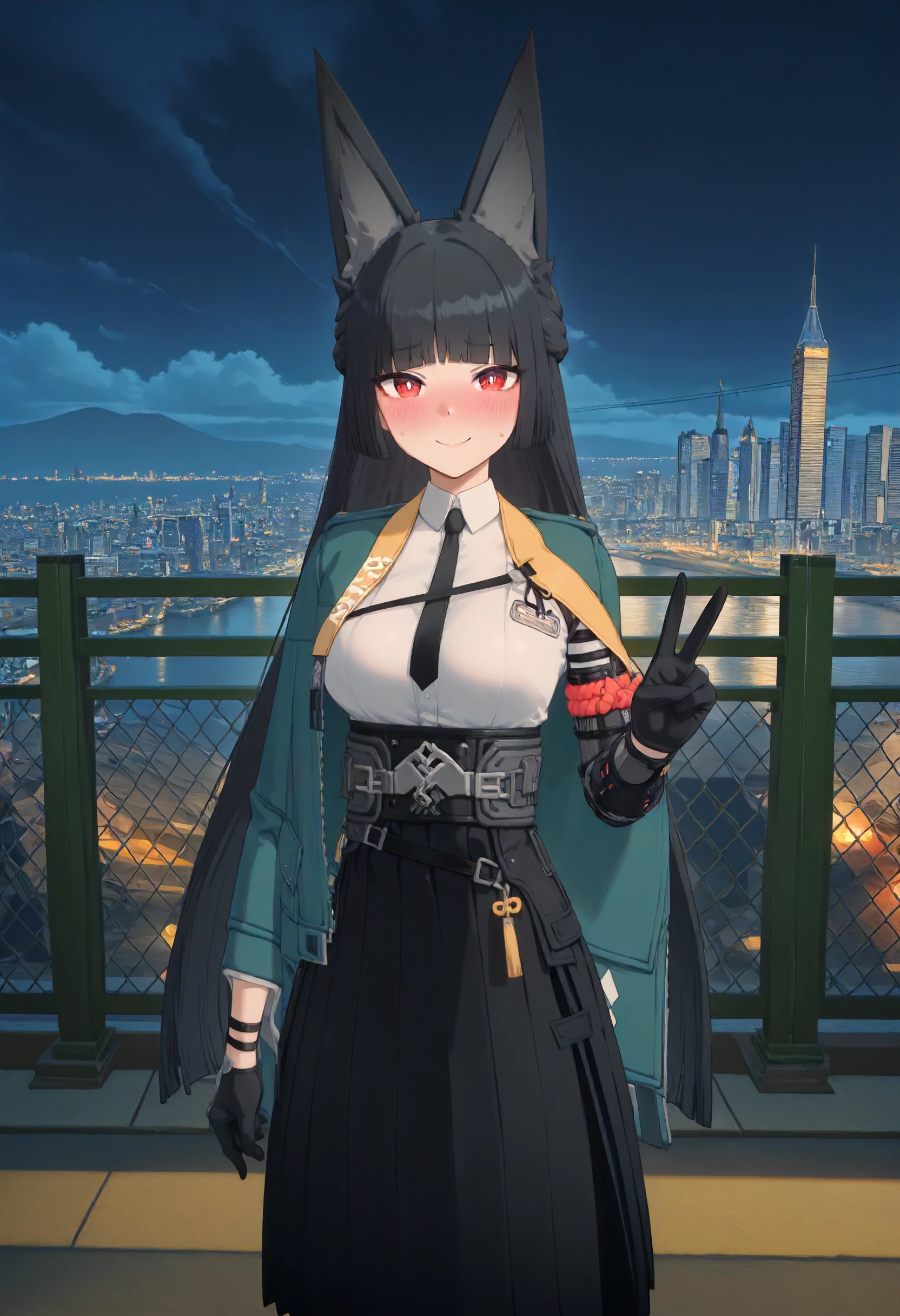 masterpiece, best quality, amazing quality, very aesthetic, absurdres, newest, scenery, volumetric lighting, perfect eyes, ultra detailed,
1girl, Hoshimi Miyabi, solo, black fox ears, black hair, bangs, long hair, red eyes, white pupils,
green cape jacket, white shirt, black tie, belt, clasp, black gloves, long skirt, black skirt, open side skirt, pantyhose, black boots,
standing, looking at viewer, gentle smile, blushing, nervous smile, peace sign,
city, night sky, beautiful frame, backlighting,
<lora:Hoshimi_Miyabi_-_Zenless_Zone_Zero_ZZZ__Illustrious:1>
masterpiece, best quality, amazing quality, very aesthetic, absurdres, newest, scenery, volumetric lighting, perfect eyes, ultra detailed,