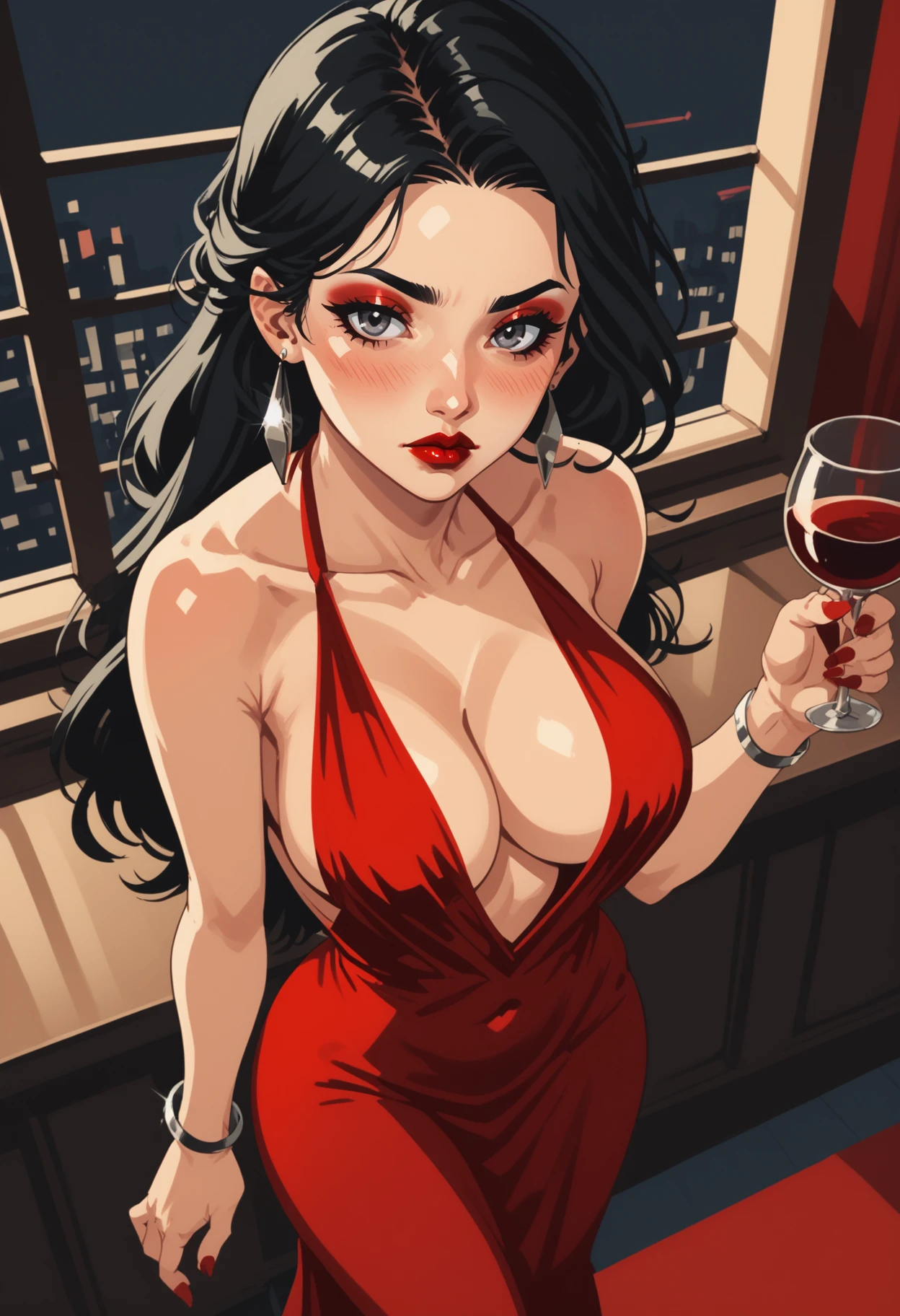 1girl, jewelry, breasts, black hair, earrings, dress, red lips, solo, bracelet, window, long hair, red dress, cleavage, looking at viewer, makeup, drinking glass, cup, wine glass, from above, lipstick, collarbone, wine, indoors, halter dress, cocktail dress, black eyes, large breasts, plunging neckline, glint, bare shoulders, covered navel, sleeveless, sleeveless dress, nail polish, alcohol, halterneck, grey eyes, signature, red nails, blush, standing, forehead, eyeshadow, long dress, closed mouth, medium breasts, bangle, no bra, evening gown, nos  <lora:vmix2-p:1> vmix
