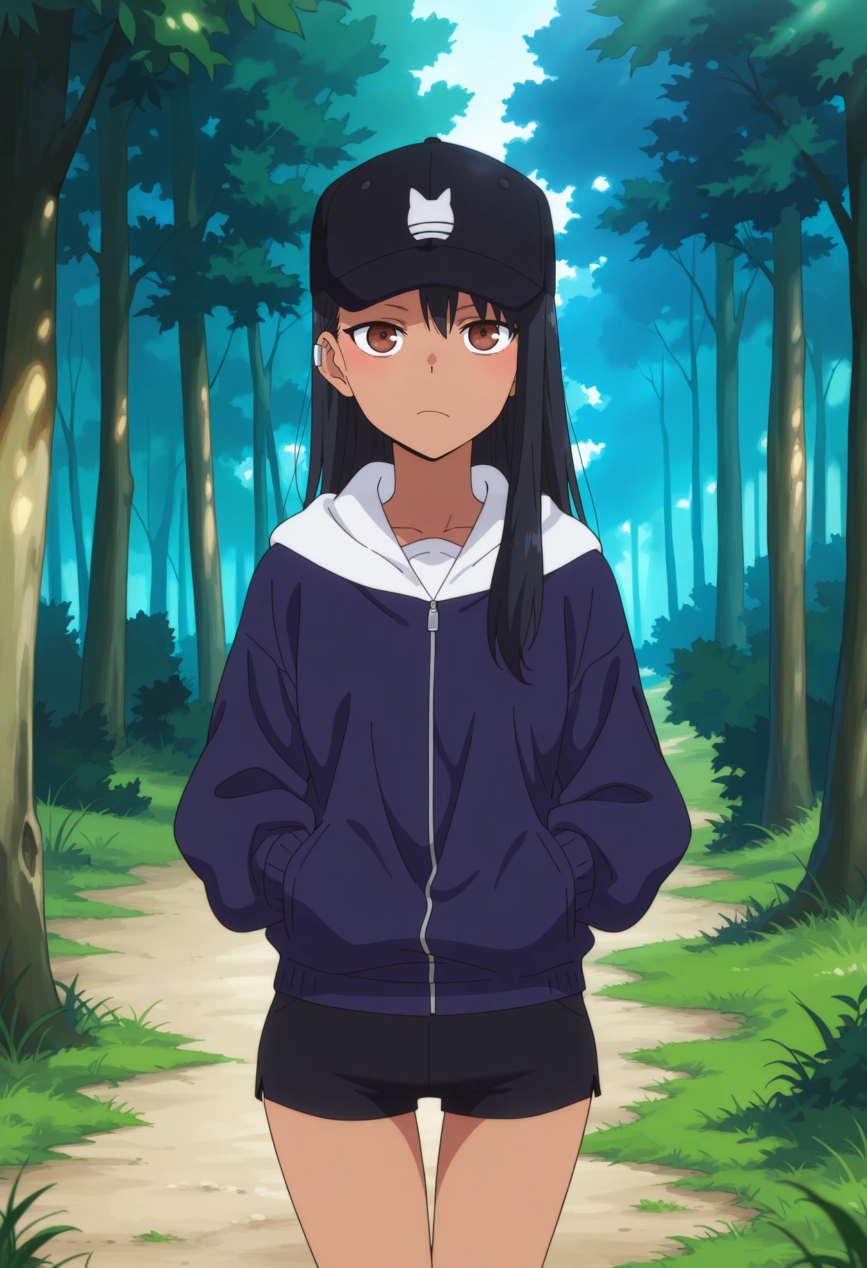 anime screencap, masterpiece, best quality,
<lora:IjiranaideNagatoro_Nagatoro_IlluXL:0.9>,
1girl, solo, frown,
dark skin, long hair, black hair, asymmetrical hair, brown eyes, earclip,
NagatoroCasual, baseball cap, hat print, black headwear, hooded jacket, dark blue jacket, zipper, black shorts,
hands in pockets, standing, looking at viewer, thigh gap, cowboy shot,
outdoors, forest, grass