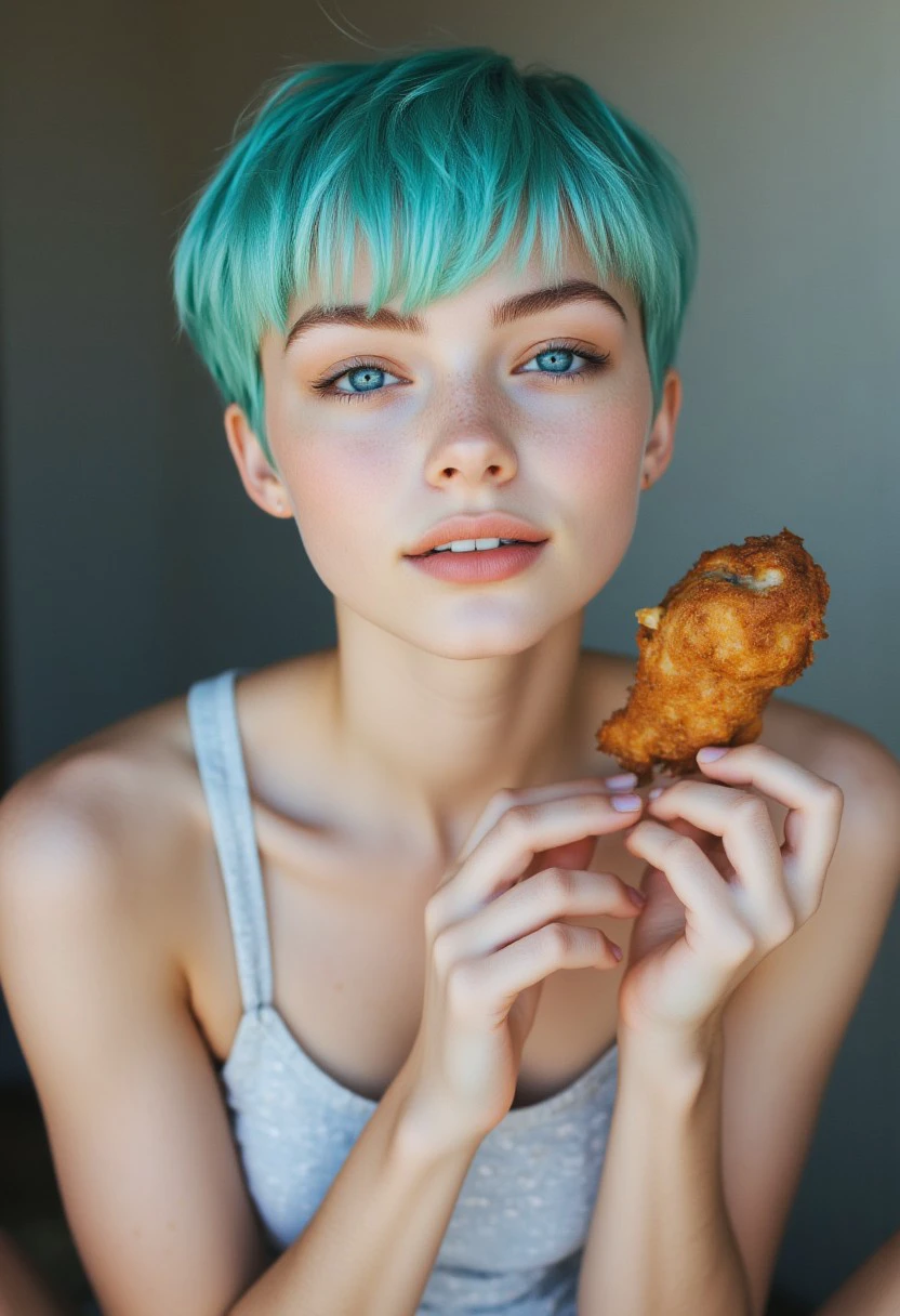 FictionalVicky short teal pixie cut hairstyle, slender frame, pale white skin, blue eyes. Eating fried chicken