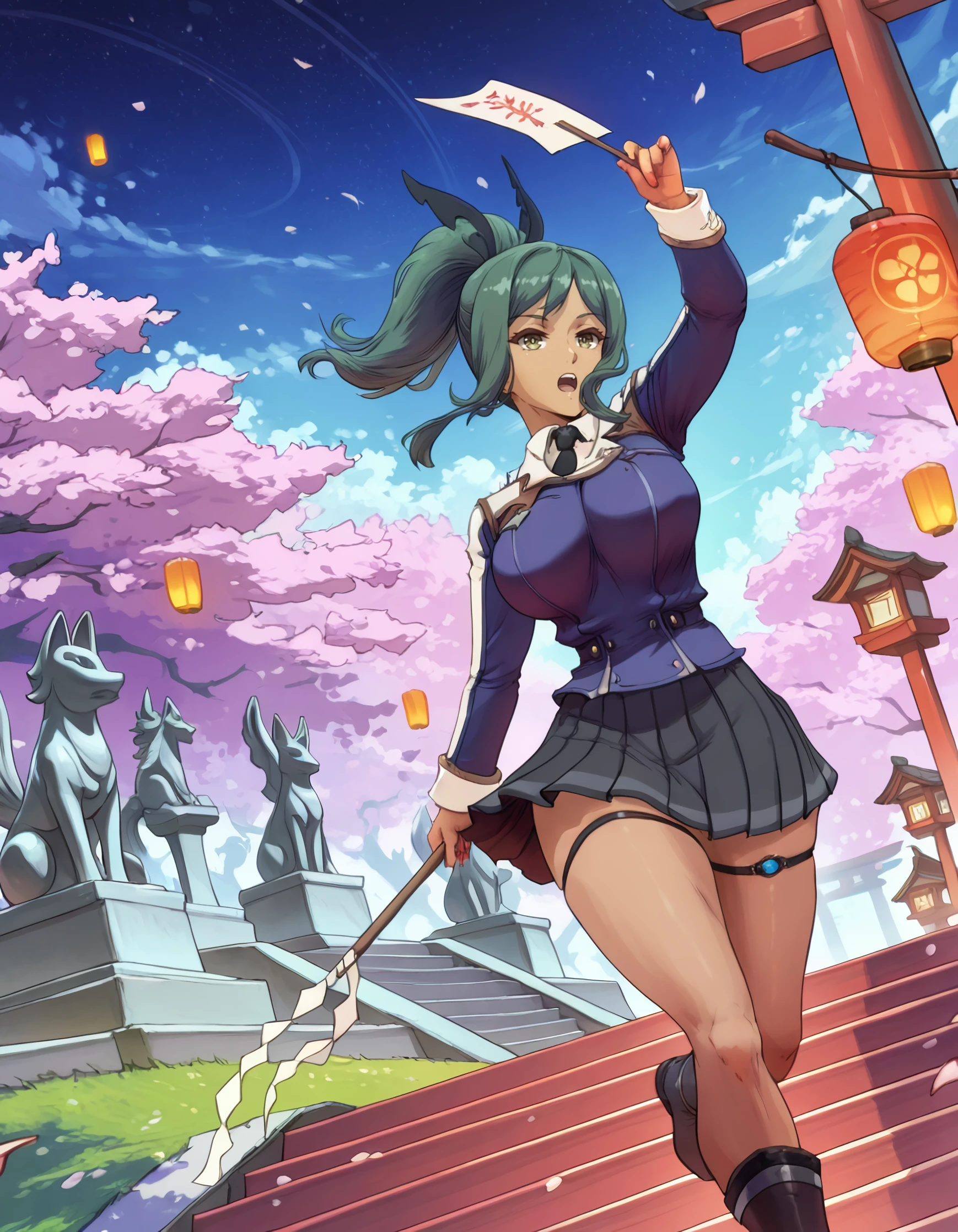 <lora:hundred_-_liddy_steinberg_il:1> rating:safe, hundred_-_liddy_steinberg, green_hair, ponytail, green_eyes, dark-skinned_female, sidelocks, large_breasts, school_uniform, jacket, long_sleeves, black_necktie, skirt, black_thighhighs, boots, thigh_strap, lens_flare, floating_hair, floating_clothes, (1980s_\(style\)), (cutesexyrobutts), 1girl, arm_up, armpits, bare_legs, breasts, cherry_blossoms, dutch_angle, electro_symbol_\(genshin_impact\), facing_viewer, falling_petals, feet_out_of_frame, fingernails, fox_ears, fox_statue, gohei, grass, holding, holding_gohei, lantern, large_breasts, long_fingernails, looking_up, nail_polish, night, night_sky, nontraditional_miko, open_mouth, outdoors, paper_lantern, petals, red_nails, sky, sky_lantern, solo, stairs, teeth, torii, tree, upper_teeth_only, vision_\(genshin_impact\), running_track, polar_opposites, masterpiece, detailed, best_quality