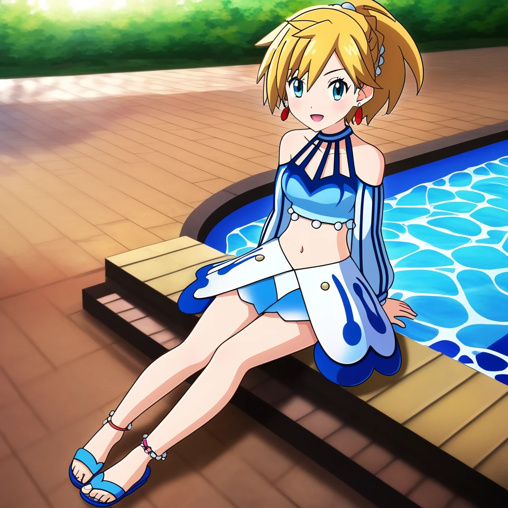 hinosaki, [leveen], (1girl, solo,) sitting, pool, partially_submerged, water, anime,  blue_eyes, orange_hair, short_hair, skirt, navel, deatached_sleeves, long_sleeves, bare_shoulders, jewerly, earrings, anklet, sandals, blue_footwear, toes, masterpiece,best quality,amazing quality,very aesthetic,high resolution,ultra-detailed,absurdres,newest,volumetric lighting,sygmisty