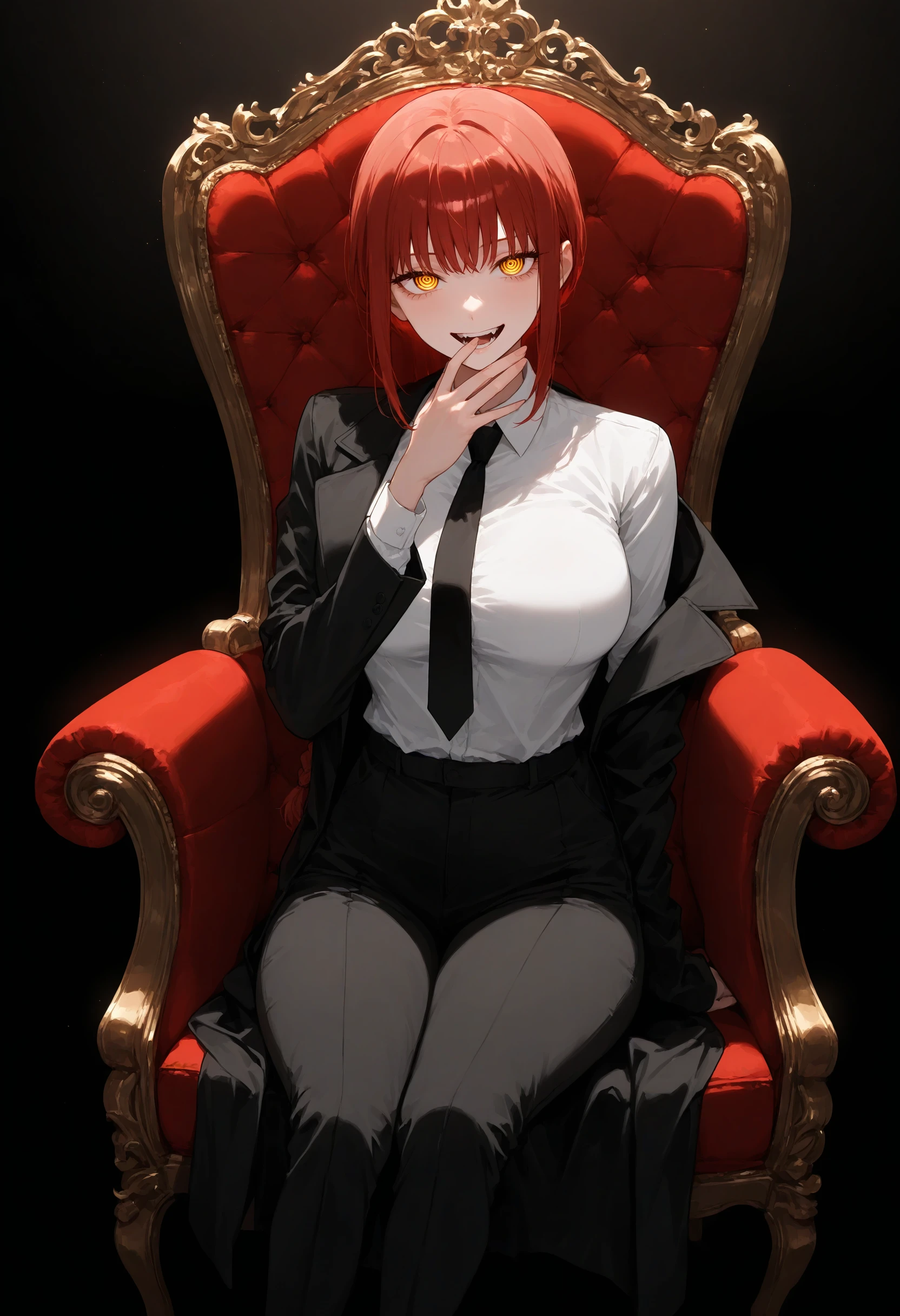 Masterpiece, best quality, amazing quality, very aesthetic, high resolution, ultra-detailed, absurd res, newest, beautiful, (extremely detailed face), extremely detailed eyes, perfect lighting, OverallDetail, detailed, deep skin, textured skin, BREAK
Makima \(Chainsaw Man\), bangs, medium hair, ringed eyes, yellow eyes, Chainsaw Man, BREAK
thick long eyelashes, eyelash perm, sharp eyelids, delicate facial features, smug woman, BREAK
ballroom, fancy, sitting on fancy chair, (evil smile:1.1), proud, (hand over mouth:1.1), (teeth:1.2), open mouth, BREAK
(florescent dark theme), iridescent aura, BREAK
sarcastic eyes