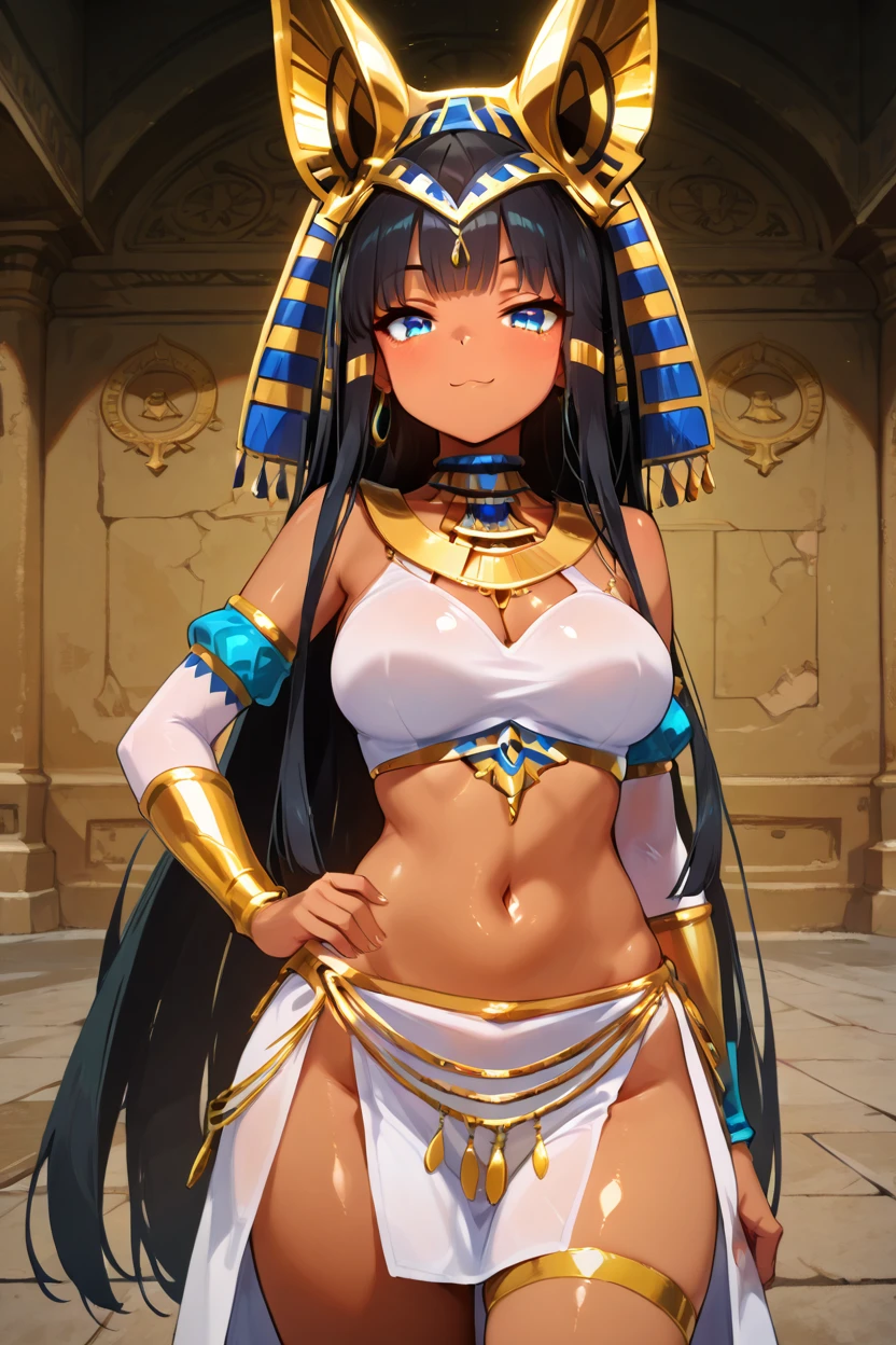 masterpiece, best quality, solo, curvy, beautiful eyes,,<lora:RamessesIXL:1.0>, zzRamesses, blue eyes, black hair, dark skin, pharaoh's headdress, jewelry, gold, white crop top, white pelvic curtain,cowboy shot, hand on hip, smug, smile, looking at viewer, shiny skin,