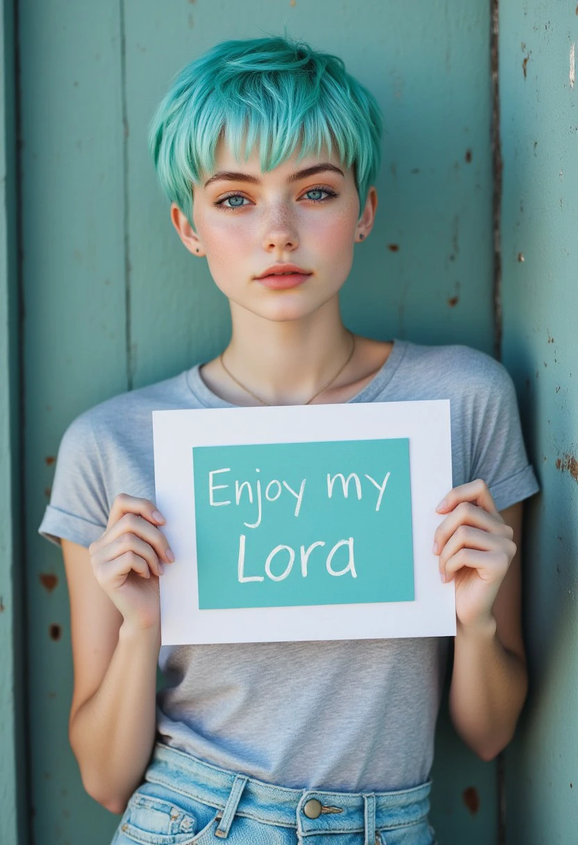 FictionalVicky short teal pixie cut hairstyle, slender frame, pale white skin, blue eyes. Holding a sign that reads "Enjoy my Lora"
