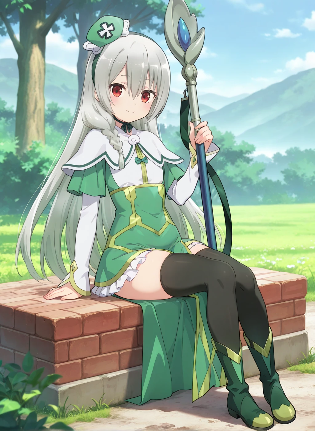 High quality,Ultra detailed,best quality,insanely detailed,beautiful,masterpiece,absurdres,very aesthetic,sensitive BREAK
1girl,solo,<lora:maidena_angers_V1_IL:1>,(maidena_angers, very long hair, grey hair, red eyes, hair between eyes, bangs,  flat chest),(green dress, capelet, long sleeves, pelvic curtain, frilled skirt, thighhighs,black thighhighs,chin strap,hat,green footwear,green hairband,single braid),looking_at_viewer,posing,smile,outdoors,sitting,staff,holding staff,