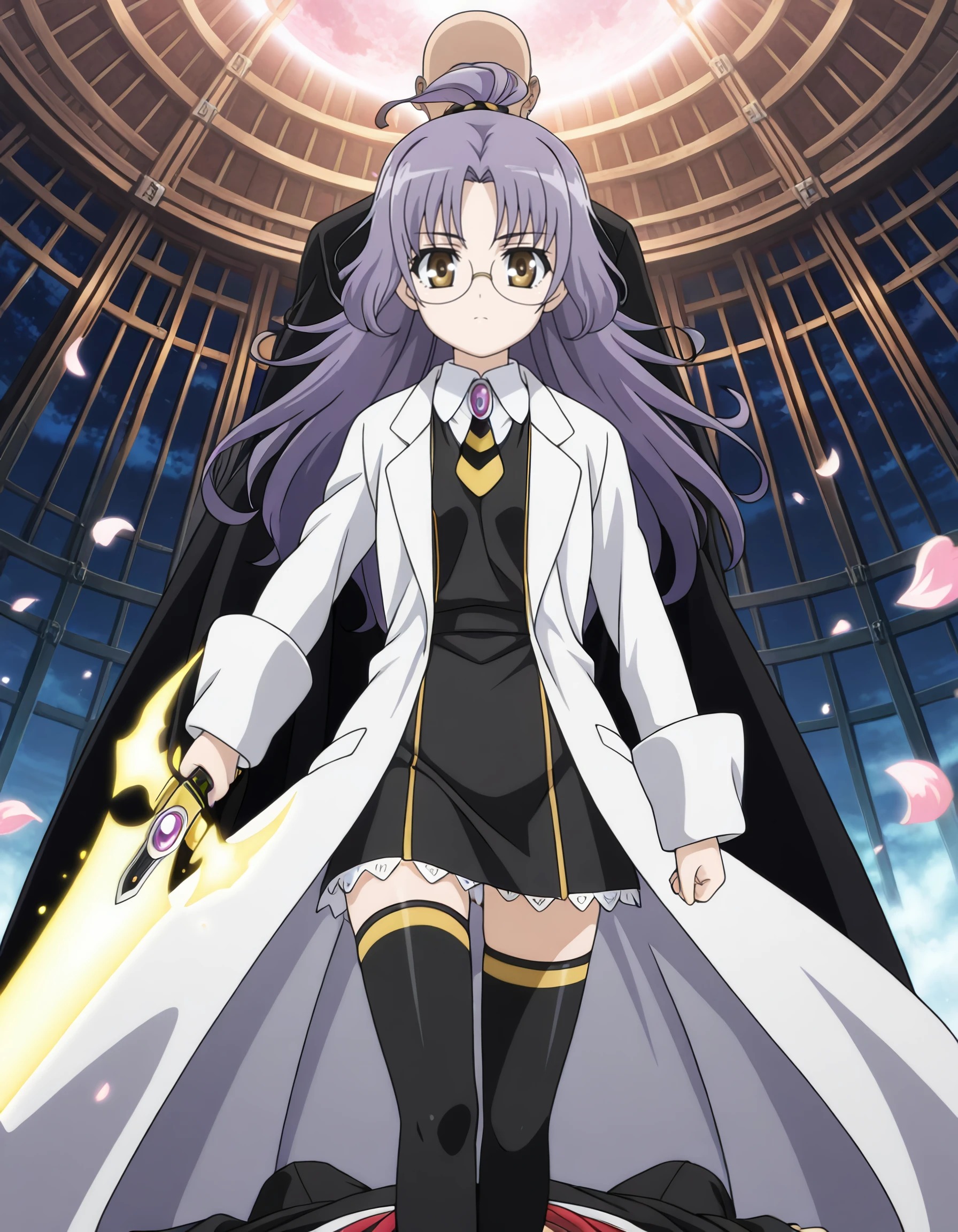 <lora:hundred_-_charlotte_dimandius_il:1> rating:safe, hundred_-_charlotte_dimandius, long_hair, purple_hair, glasses, brown_eyes, yellow_eyes, lab_coat, necktie, collared_shirt, long_sleeves, zettai_ryouiki, black_thighhighs, lens_flare, floating_hair, floating_clothes, (gofa:1.0), (2000s_\(style\)), 1boy, 1girl, energy_sword, glowing, glowing_weapon, holding, holding_sword, holding_weapon, looking_at_viewer, lying, obi, on_back, petals, sash, shihakusho, sword, weapon, white_sash, (faceless_male, bald),  masterpiece, detailed, best_quality