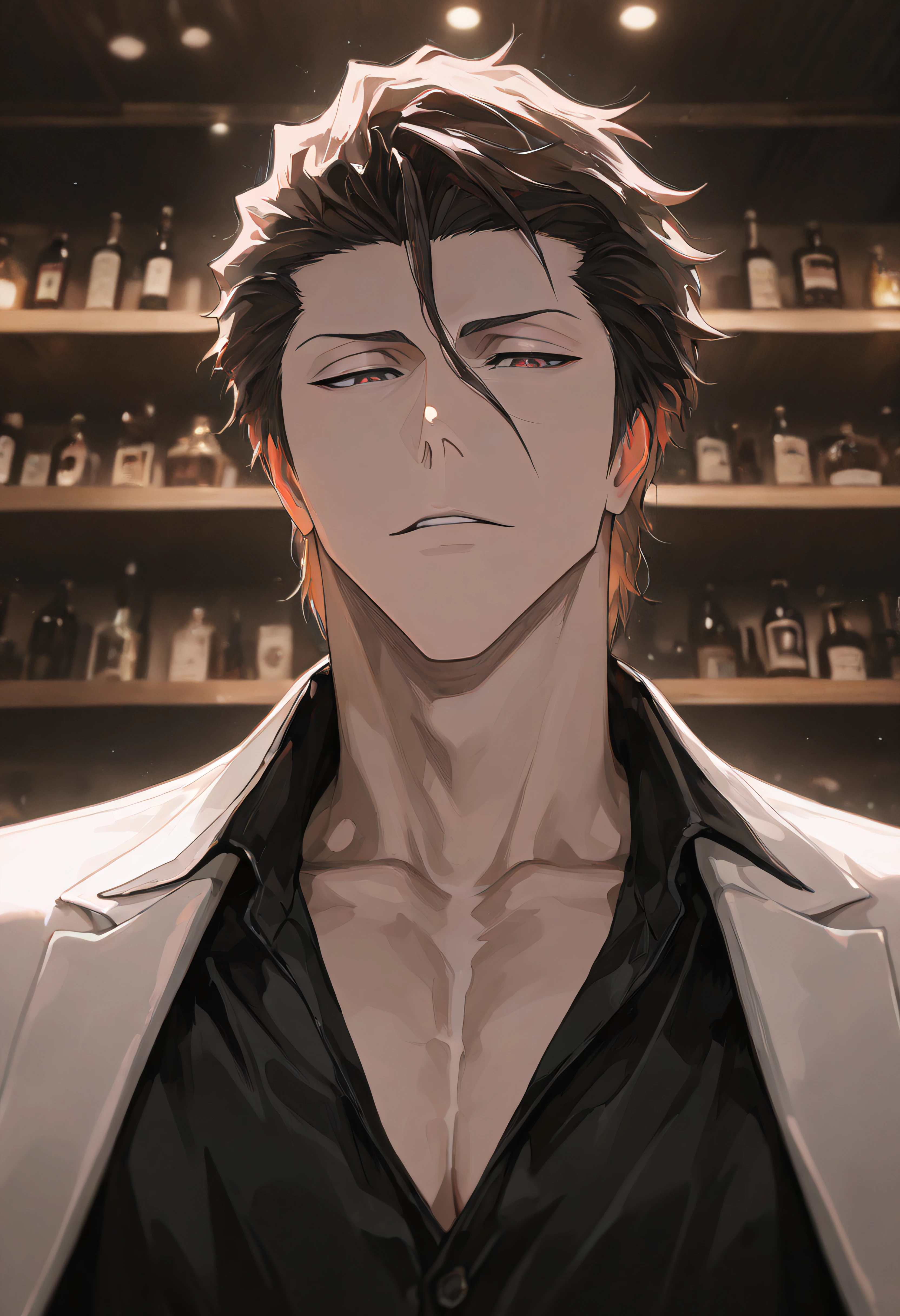 masterpiece, absurdres, newest, best quality, amazing quality, very aesthetic, 1boy, aizen sousuke, vslinxaizen_arrancar, handsome, detailed eyes, adult, (adult, 30 years old), chiseled jaw, toned body, masculine, black shirt, fully clothed, angular face, muted colors, handsome detailed face, aesthetic, best quality, stunning, perfect body, looking at viewer, (stoic) \(expression\), wide angle, angular face, highly textured, upper body, in the bar, portrait, male focus, detailed background, (masterpiece, detailed), 96yottea, 748cmstyle, usnr,