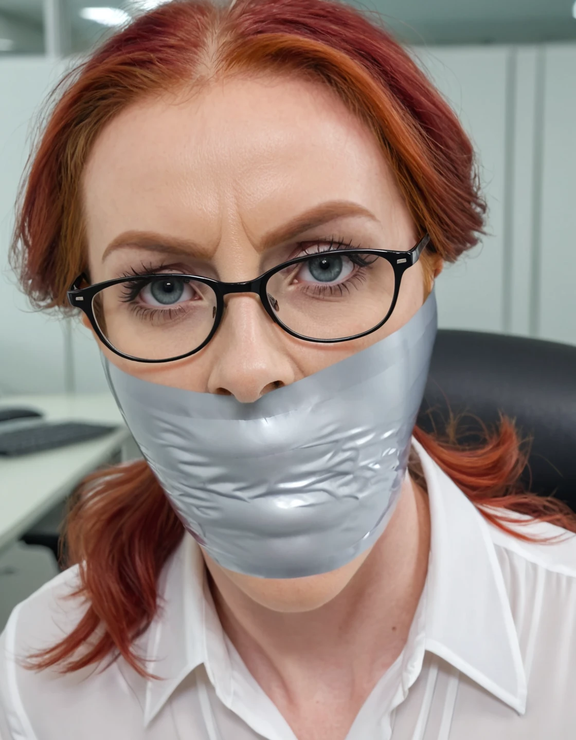 photo,woman,tape_wrapgag,gagged with tape,beautiful redhead MILF,white blouse,upscale corporate office background,glasses,secretary,wide-eyed,looking at viewer,face closeup,<lora:tape_wrapgag-000012 xl:0.9>,