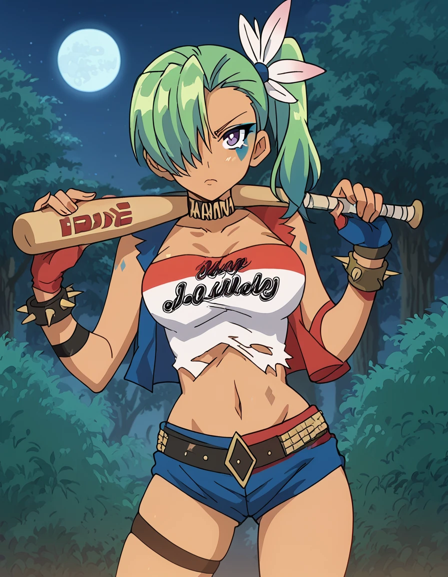 score_9, score_8_up, score_7_up, source_anime, <lora:bikiniwarrior-hunter-s1-ponyxl-lora-nochekaiser:1>, hunter, 1girl, large breasts, hair ornament, purple eyes, green hair, dark skin, hair over one eye, side ponytail, dark-skinned female, anime screencap,, <lora:harley-quinn-cosplay-ponyxl-lora-nochekaiser:1>, harley quinn cosplay, harley quinn (cosplay), bare shoulders, choker, collarbone, cosplay, fingerless gloves, heart, heart tattoo, jewelry, multicolored clothes, multicolored shorts, navel, shorts, spiked bracelet, spikes, stomach, strapless, torn clothes, tube top, two-tone shorts, outdoors, night, moon, baseball bat, holding, holding baseball bat,, cowboy shot, looking at viewer, , cowboy shot