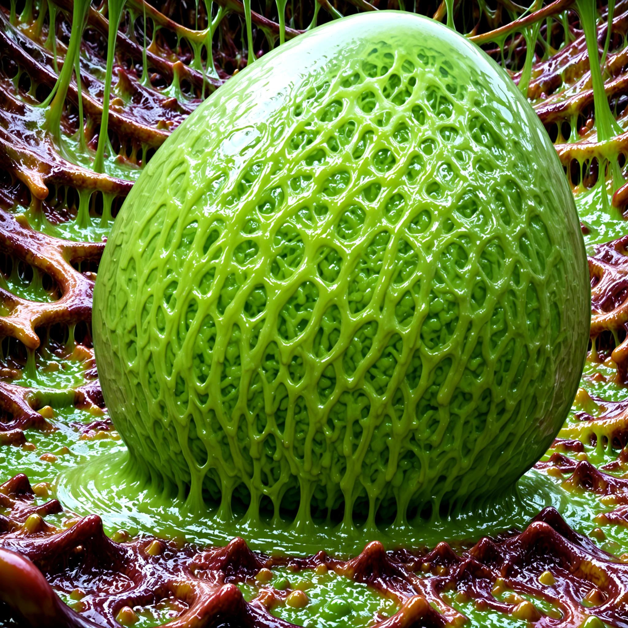 <lora:HNNM_IL_v4:0.5>, A hyper-realistic depiction of an alien egg covered in slime-like snot mucus, set in a dimly lit, eerie environment. The egg has a translucent, growing green gelatinous surface with visible pulsating veiny veins inside