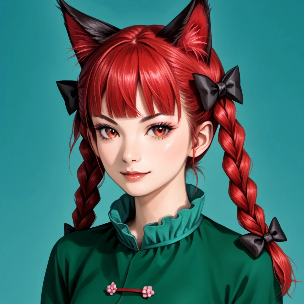 ((RTKXI style)), (145), ((portrait)), ((painted)), ((realistic)), simple background, upper body, 1girl, solo, looking at viewer, ((kaenbyou rin)), cat girl, (red hair), braid, twin braids, hair bow, (long hair), (red eyes), animal ears, cat ears, tail, cat tail, multiple tails, two tails, extra ears, bow, dark-green dress, black bow, long sleeves