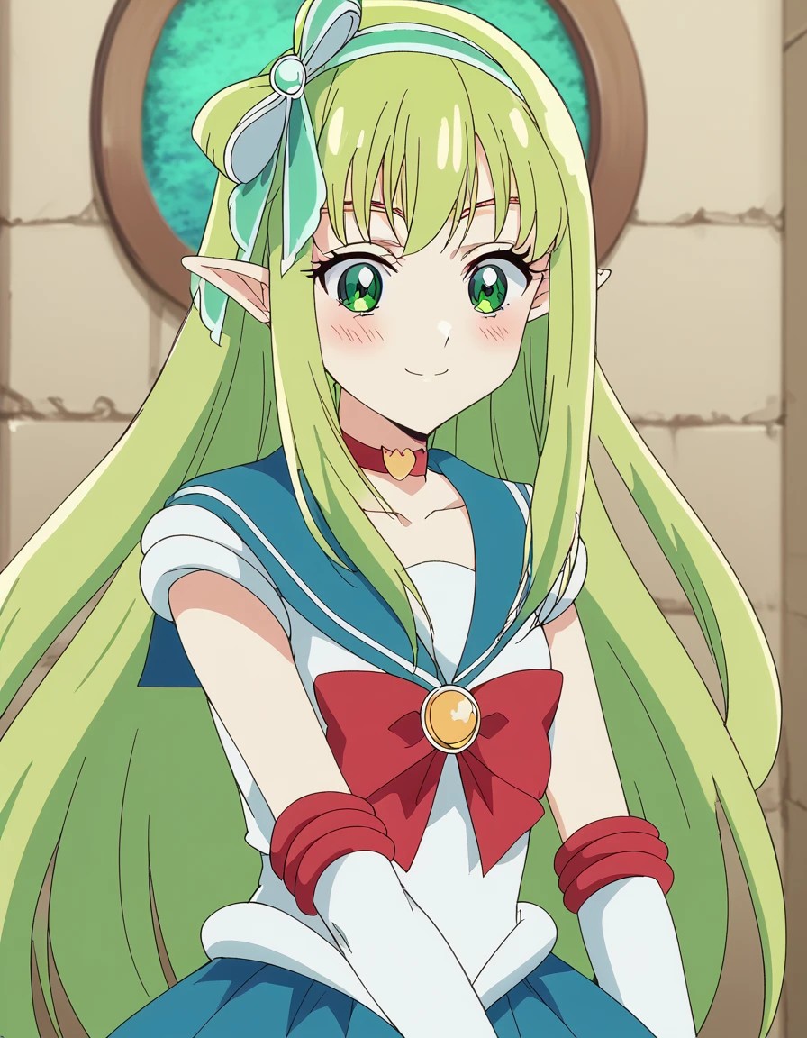 score_9, score_8_up, score_7_up, source_anime, <lora:orphia-s2-ponyxl-lora-nochekaiser:1>, orphia, long hair, bangs, very long hair, green eyes, hairband, green hair, pointy ears, elf, green hairband, mature female, small breasts, anime screencap,, <lora:sailor-moon-cosplay-ponyxl-lora-nochekaiser:1>, sailormooncosplay, sailor moon (cosplay), back bow, blue sailor collar, blue skirt, boots, bow, brooch, choker, crescent moon, elbow gloves, gloves, jewelry, knee boots, magical girl, pleated skirt, red bow, red choker, ribbon, sailor collar, sailor senshi uniform, skirt, white gloves,,, outdoors, streets, smile, blush, , cowboy shot