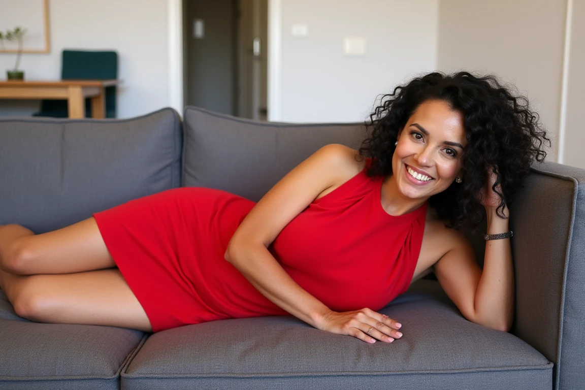 full-body photograph of a 30 year old woman with curly dark hair and a slight smile on her face. She is wearing a red dress.  She is lying on her side on a grey couch in a modern living room. She is leaning on her elbow. Front angle view. <lora:LyingOnSide_rank4_fp16-step00600:1>