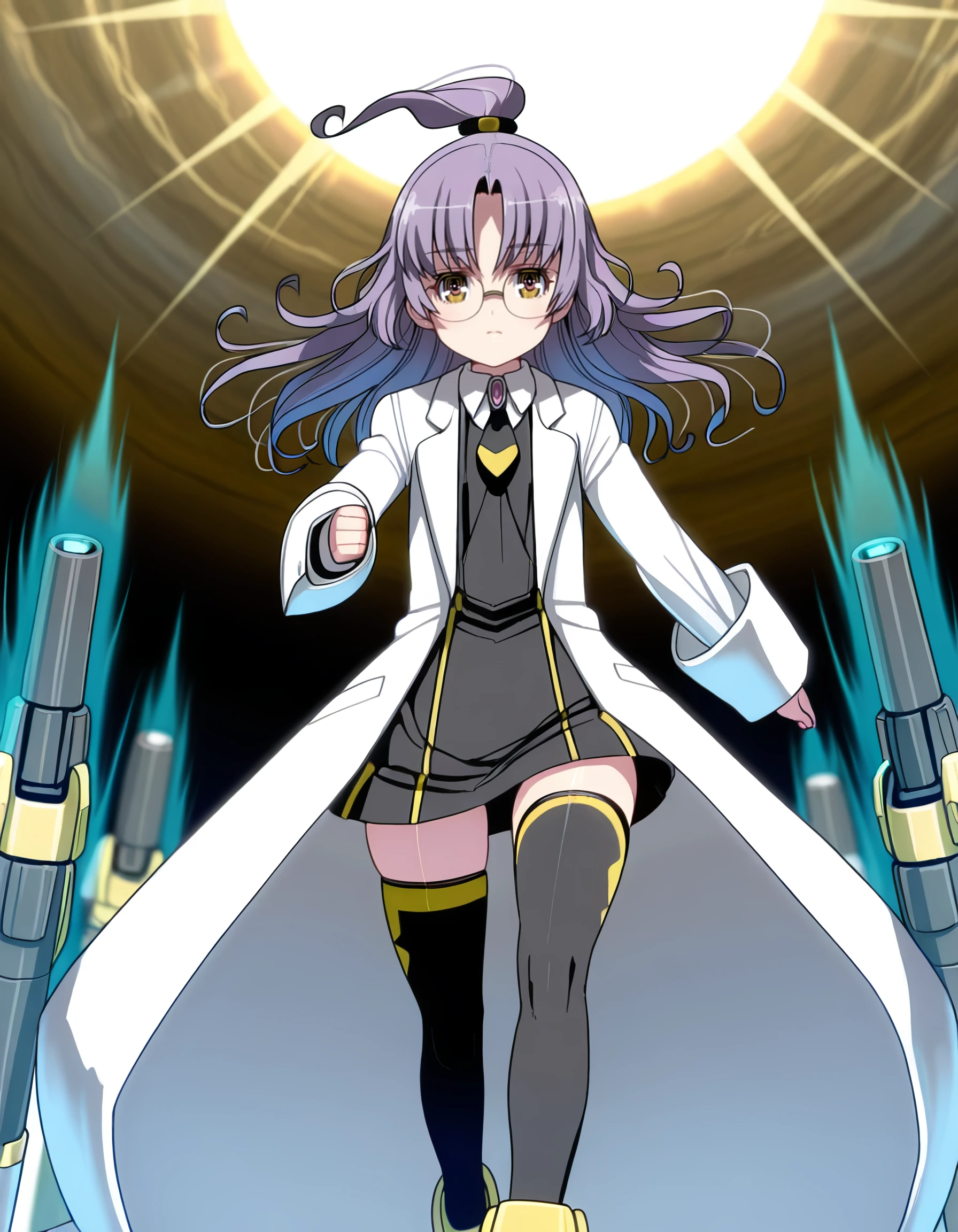 <lora:hundred_-_charlotte_dimandius_il:1> rating:safe, hundred_-_charlotte_dimandius, long_hair, purple_hair, glasses, brown_eyes, yellow_eyes, lab_coat, necktie, collared_shirt, long_sleeves, zettai_ryouiki, black_thighhighs, lens_flare, floating_hair, floating_clothes, (kouno_\(masao\):1.1), 1girl, afterimage, arm_cannon, armor, assault_visor, aura, gameplay_mechanics, green_visor, helmet, power_armor, running, science_fiction, solo, varia_suit, weapon,  masterpiece, detailed, best_quality