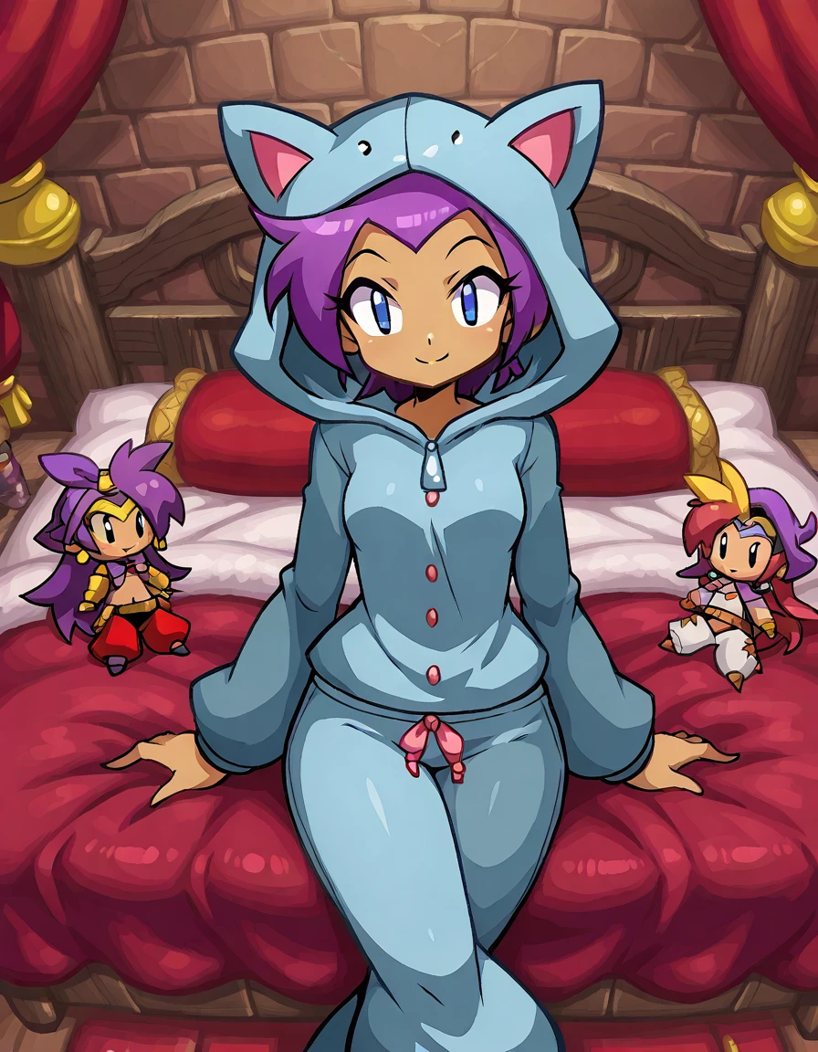 <lora:ShantaeIllustrious1.0JLFO:1>  ,cowboy shot, 1girl, Shantae, shantae, pajamas, 1girl, purple hair, solo, blue eyes, hood, dark skin, smile, animal hood, doll, barefoot, looking at viewer, pillow, animal ears, bed,sitting, crossed legs,