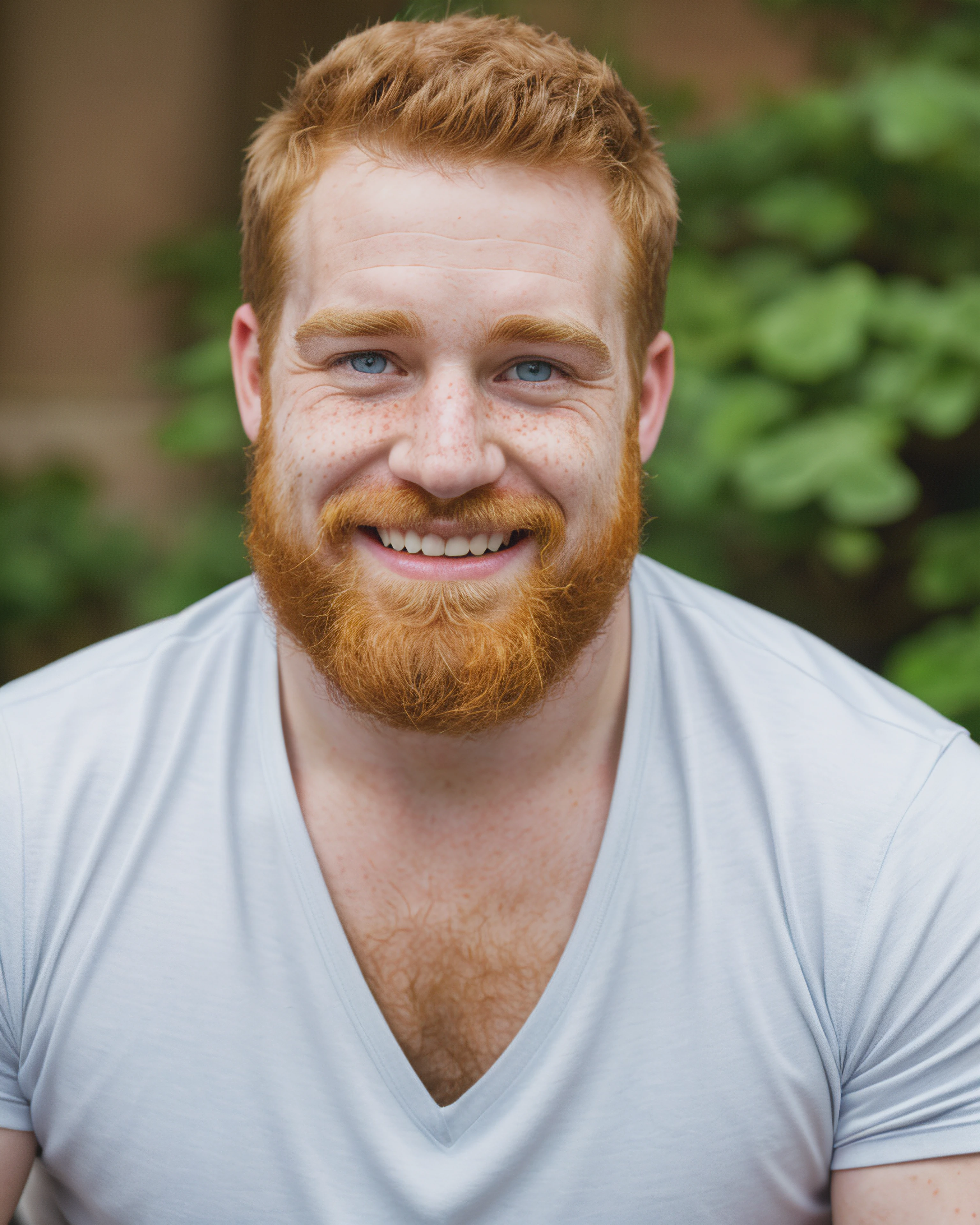 Highly detailed, rawphoto, GS-Musculine, (Malefocus), (A buff:burly:hairy:muscular:Irish:Rubyplayer), mid-30's, ginger hair, short messy hair, blue-eyes, round face, freckles, stubble+[goatee], adorable smile showcasing his happy go lucky personality, pale skin, hairy arms, hairybody:1.2, luck of the irish, Selective focus, captured on a Sony A7R IV 50mm f/1.2, Professional studio background,