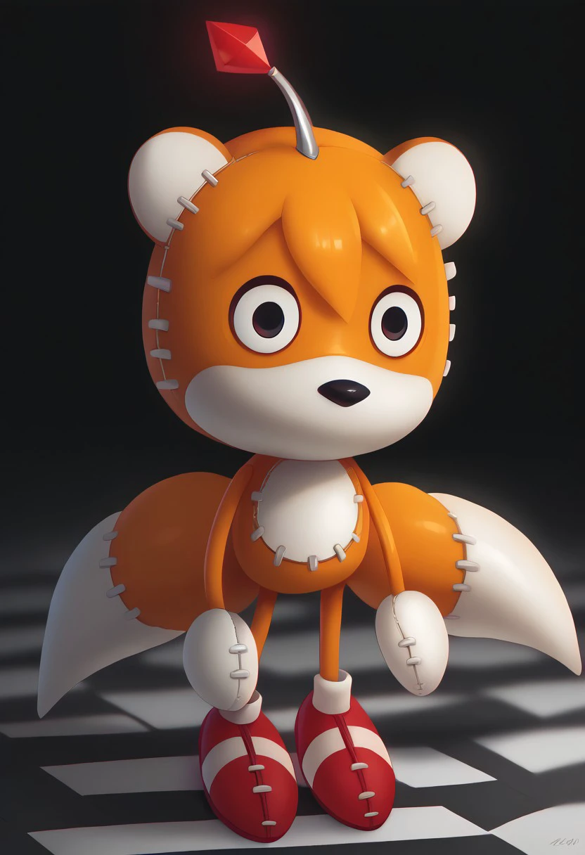 score_9, score_8_up, score_7_up, (best quality:1.1), ultra-detailed, high resolution, 8k, Tails Doll, orange skin, wide eyes, black pupils, no mouth, metal antenna with red orb, stitches, gray zipper on back, white gloves, red shoes, black background, white and red chessboard floor, BREAK outside, Rich, Detailed background, ambient light