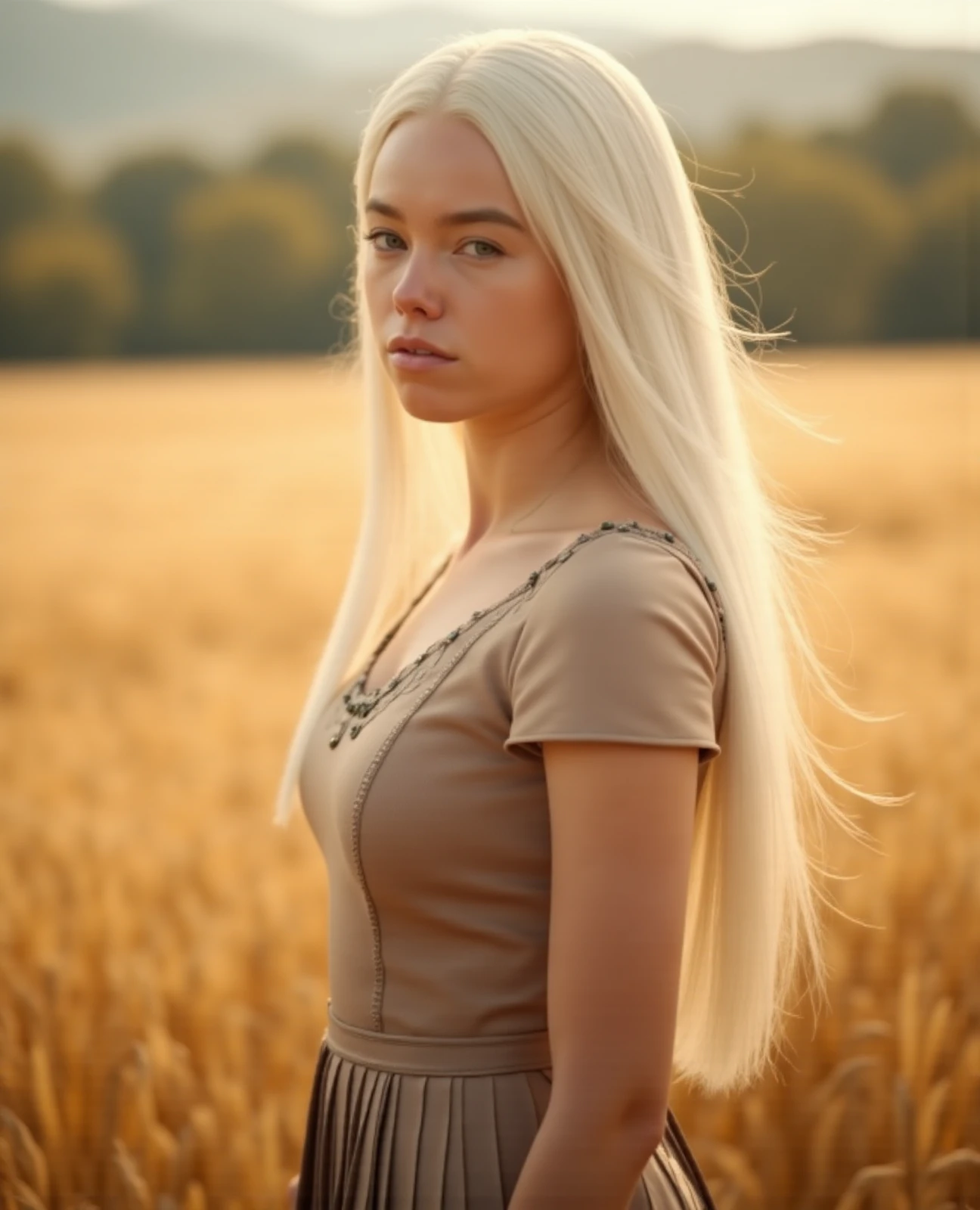 Professional photograph of Rhaenyra Targryen in a chic dress. She is standing in a wheat field. The zenithal light is magnificent and softens the atmosphere. She has long, beautiful white hair. The lens is focused on her face.