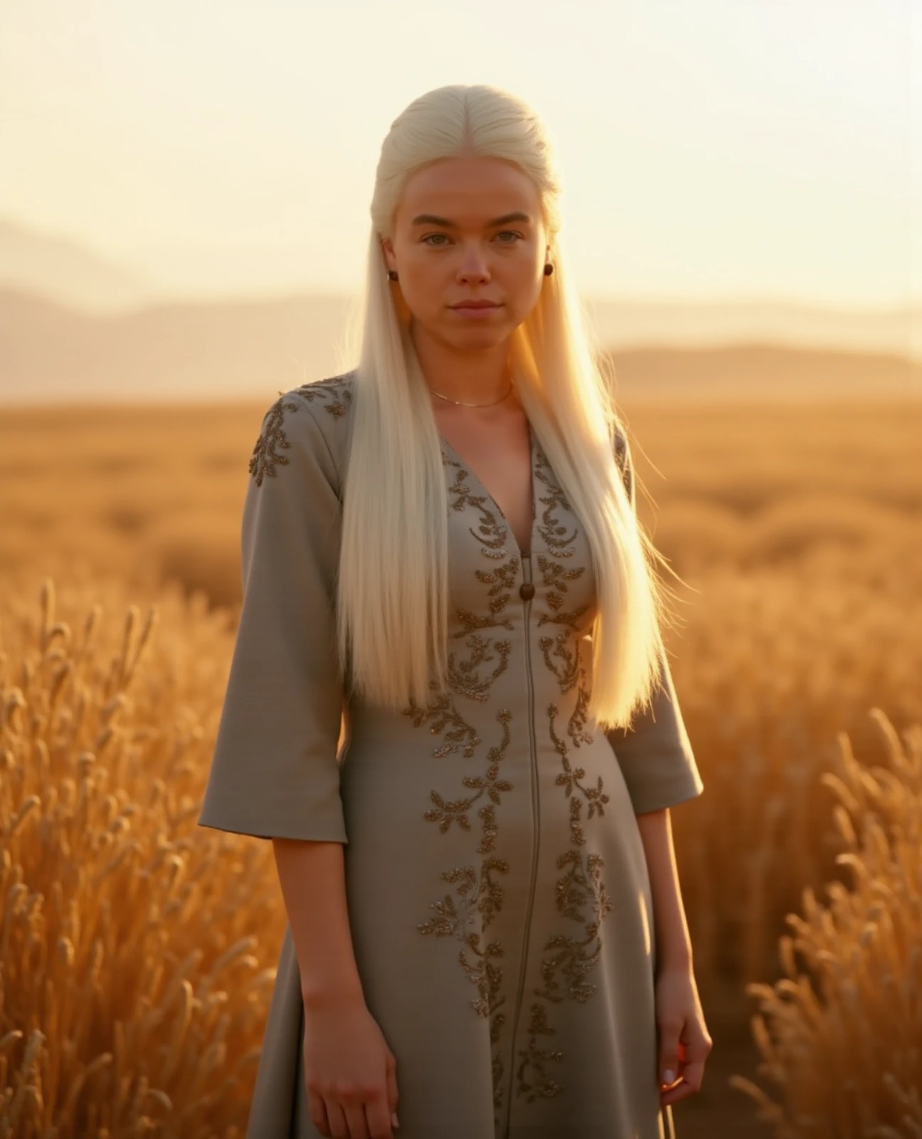 Professional photograph of Rhaenyra Targryen in a chic dress. She is standing in a wheat field. The zenithal light is magnificent and softens the atmosphere. She has long, beautiful white hair. The lens is focused on her face.