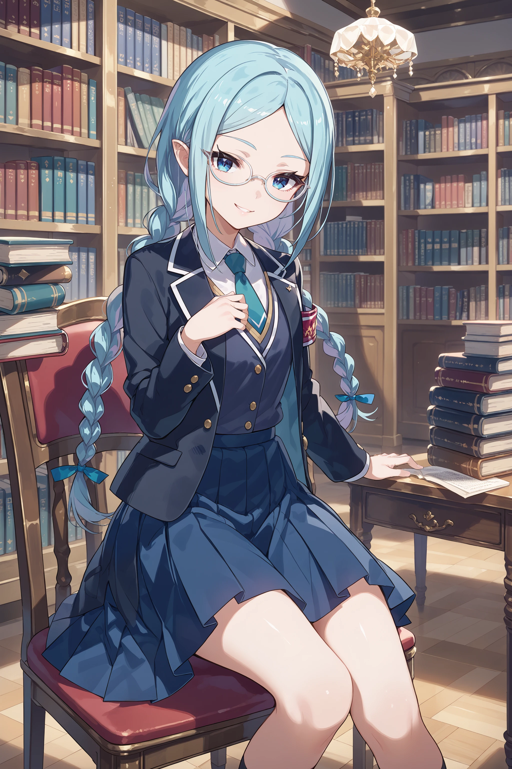 score_max, (score_9, score_8_up, score_7_up:1.2), score_6_up, official art,
masterpiece, absurdres, high detail, 8k,
indoors, library, book shelf, book,
sitting on chair, hands on lap, light smile,
ririi, twin braids, long hair,, school uniform, black jacket, open jacket, necktie, collared shirt, blazer, long sleeves, armband, blue skirt, plated skirt
<lora:XL_Pony_gomaotsu-lily-t1:1>