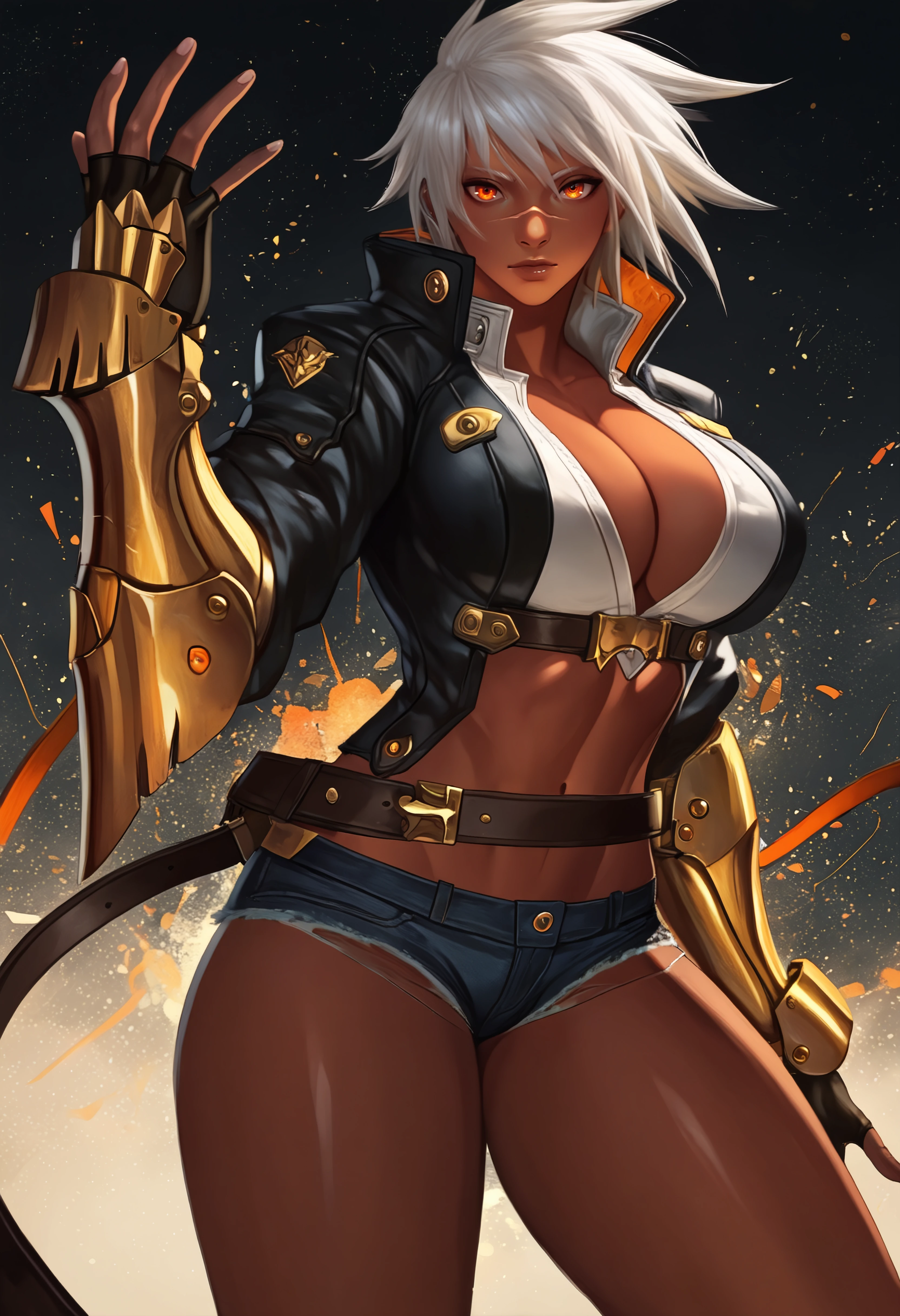 masterpiece, best quality, very aesthetic, abstract background,1girl, bltbb, large breasts, dark-skinned female, white hair, short hair, orange eyes, scar on face, white shirt, cleavage, midriff, black jacket, belt, fingerless gloves, gold vambraces, short shorts, cutoffs,linea alba <lora:soffa_n11:1> <lora:bltbb_n11:0.8>