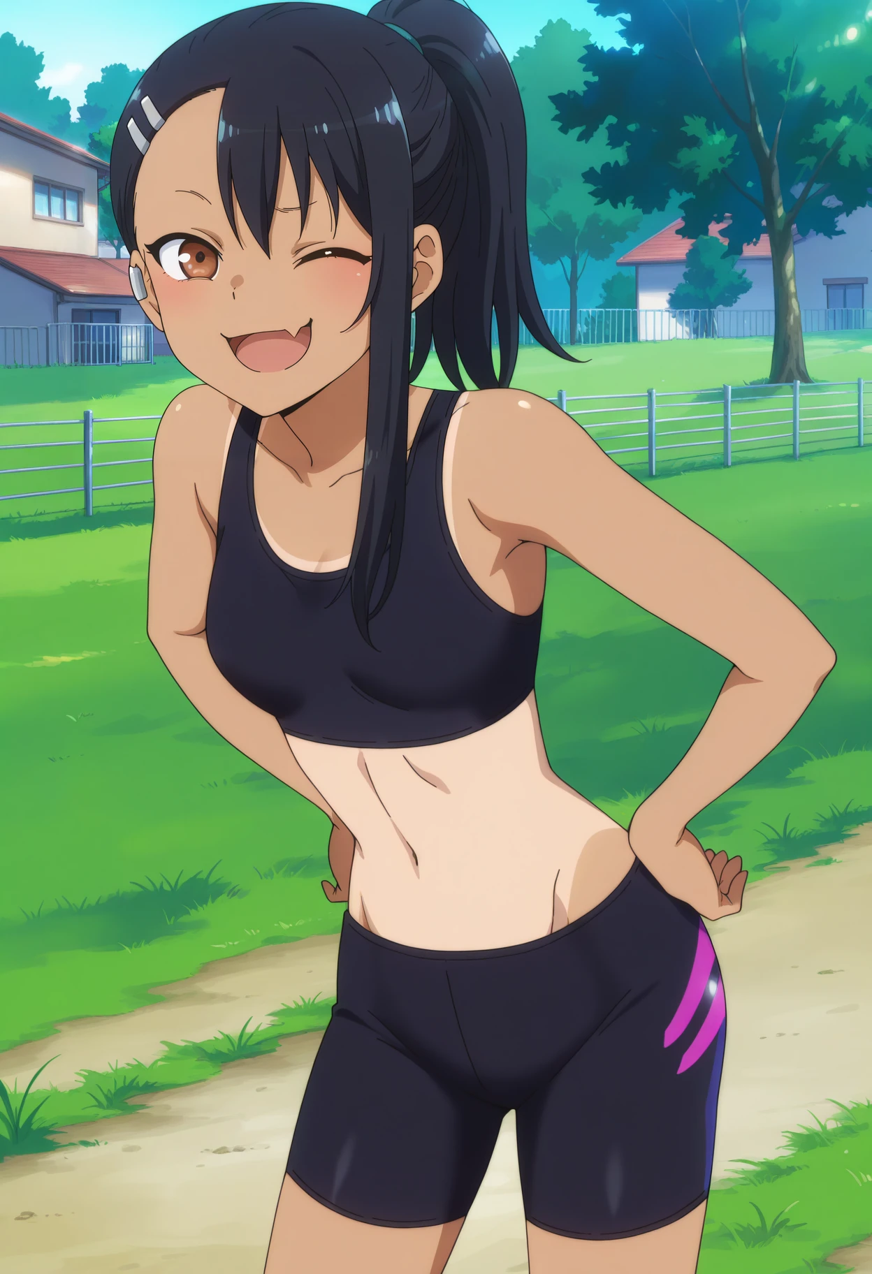 score_7_up, anime screencap,
<lora:IjiranaideNagatoro_NagatoroXL:0.8>, Nagatoro,
1girl, solo, open mouth, smirk, skin fang, one eye closed,
dark skin, long hair, black hair, ponytail, asymmetrical hair, brown eyes, hairclip, earclip,
NagatoroJogging, sports bra, print shorts, bike shorts, tanlines,
standing, looking at viewer, hands on own hips,
tree, grass, building, fence