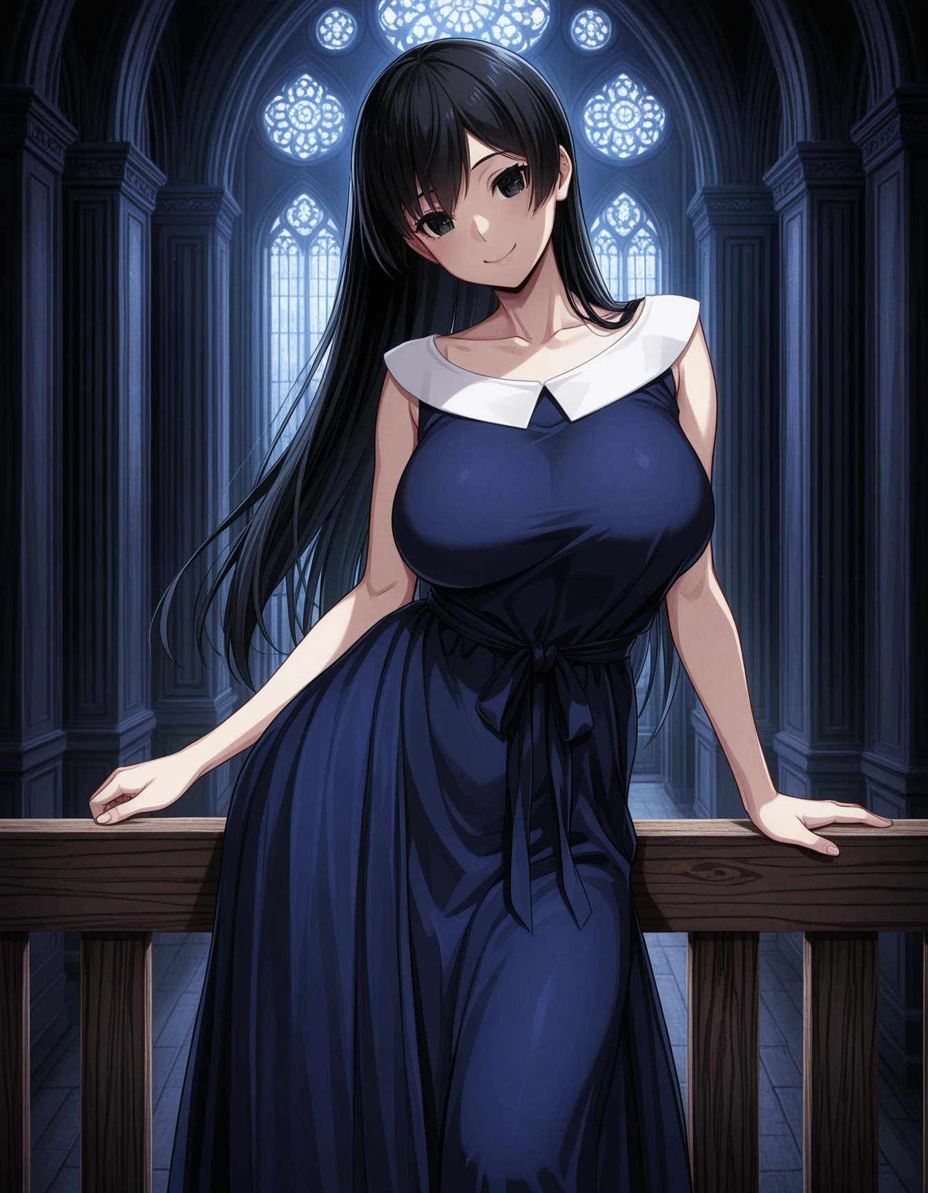 1girl, solo, ajiki tooko, black hair, long hair, straight hair, black eyes, smile, big breasts, blue dress, white trim, long dress, sleeveless, tied dress, leaning to wooden fence, indoors, gothic architecture, dark theme, low light <lora:ajiki_tooko_ilxl_v1:0.8>