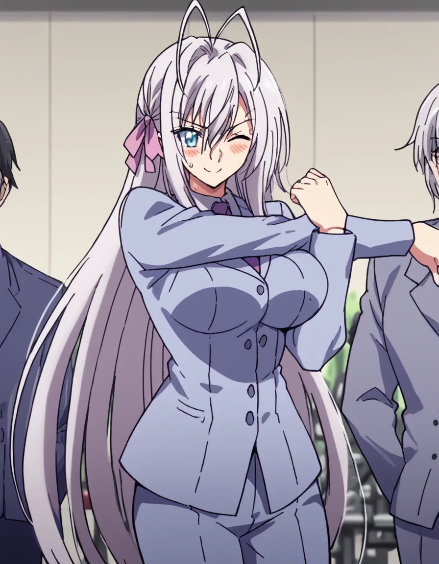 score_9, score_8_up, score_7_up, source_anime, <lora:rossweisse-s3-ponyxl-lora-nochekaiser:1>, rossweisse, long hair, blue eyes, large breasts, ribbon, very long hair, hair ribbon, grey hair, antenna hair, anime screencap,, necktie, pants, formal, suit, gym, weights, machines, people, sweat, smile, <lora:cross-body-stretch-ponyxl-lora-nochekaiser:1> cross-body stretch, stretching, arm across chest, exercising, blush, one eye closed,, looking at viewer, solo,, cowboy shot