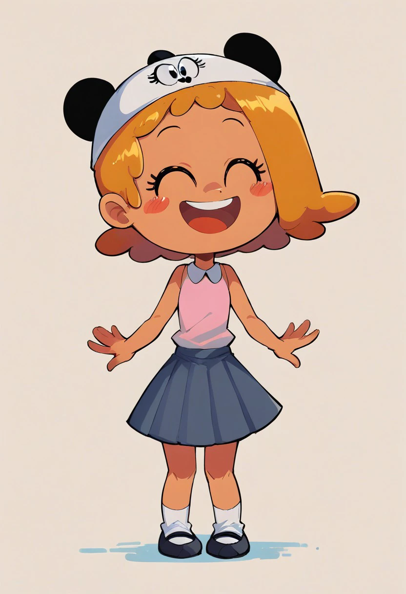 HD Quality, score_9, score_8_up, score_8, source_anime, cute, standing, 1girl, blushed, happy, Panda Qt, panda hat,Dark Gold Hair, Pink Sleeveless shirt, Navy Skirt, white socks simple background