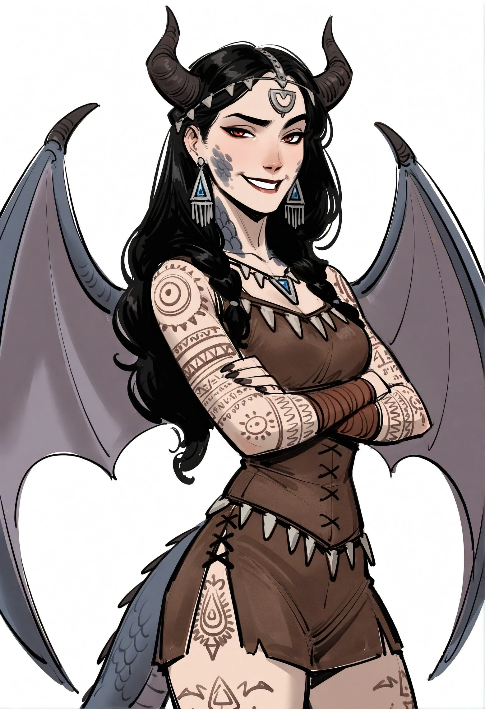 masterpiece, highres, absurdres, newest, very awa, year 2024, realistic, sketch, safe general,
cowboy shot,
1girl, solo, dragon girl, dragon wings, looking at viewer, dragon horns, narrow waist, thick thighs, wearing tribal outfit, demonic, scales, jewelry, earrings, arm tattoo, leg tattoo, crossed arms, smug, raised eyebrow,
<lora:phobs:0.75> <lora:ponyv6_noobV1_1_adamW:0.35> <lora:spo:1>