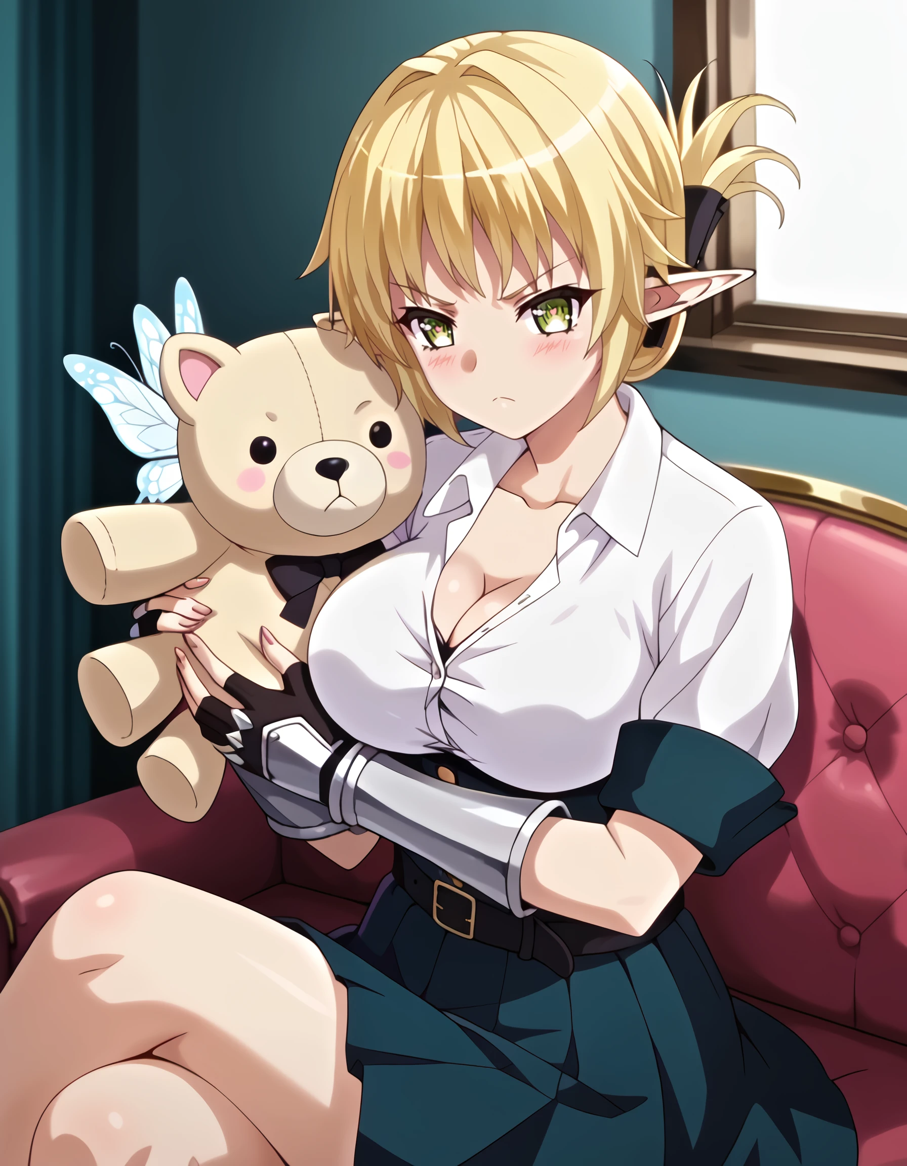 score_9, score_8_up, score_7_up,source_anime, <lora:enjo_kouhai_-_ thea_eaderlindt,_aegis:1>, rating:safe, , enjo_kouhai_-_thea_eaderlindt,_aegis, short_hair, blonde_hair,  folded_ponytail, green_eyes, pointy_ears, elf, large_breasts, white_shirt, collared_shirt, cleavage,short_sleeves, belt, midriff, sword, black_skirt, armor, gauntlets, neon_palette, neon_lights, colorful, neon_trim, (nyantcha:1.0), (1970s_\(style\)), 1girl, blush, butterfly-shaped_pupils, cardigan, crossed_legs, holding, holding_stuffed_toy, hugging_doll, hugging_object, pink_cardigan, pout, sitting, solo, stuffed_toy, symbol-shaped_pupils, white_background, masterpiece, detailed, best_quality