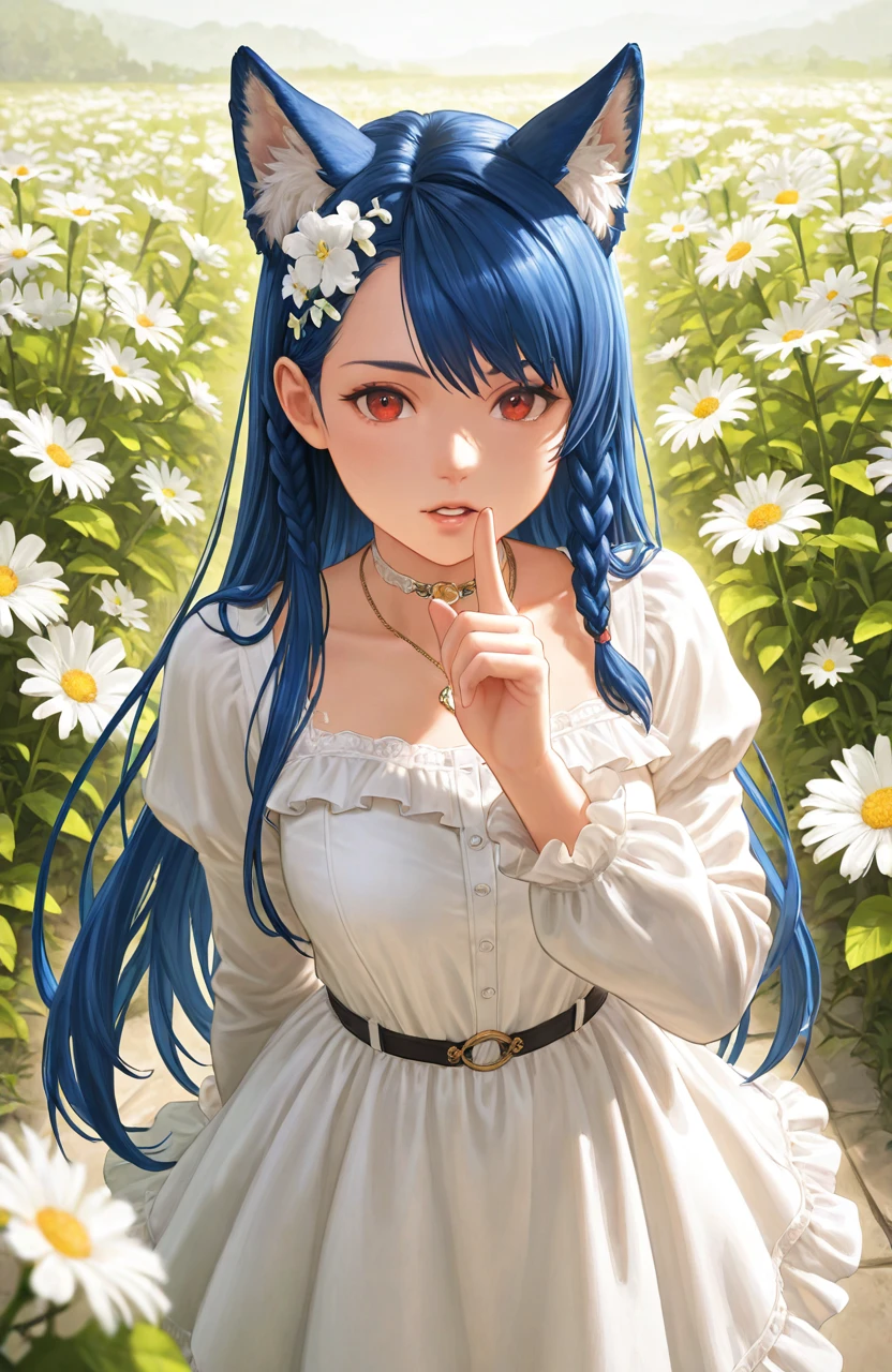 masterpiece,best quality,amazing quality,very aesthetic,absurdres,newest,impactful picture,offcial art,movie perspective,
artist:minaba hideo,
lobelia \(doa\),long hair, asymmetrical bangs, single braid, side braid,looking at viewer,blue hair,
white dress, red eyes, looking at viewer, flower, very long hair, long sleeves, white flower, frills, choker, finger to mouth, puffy sleeves, index finger raised, bangs, necklace, animal ear fluff, wolf ears, frilled dress, jewelry, parted lips
 <lora:doa_lobelia_noobxl_vpred10_v10:0.9>