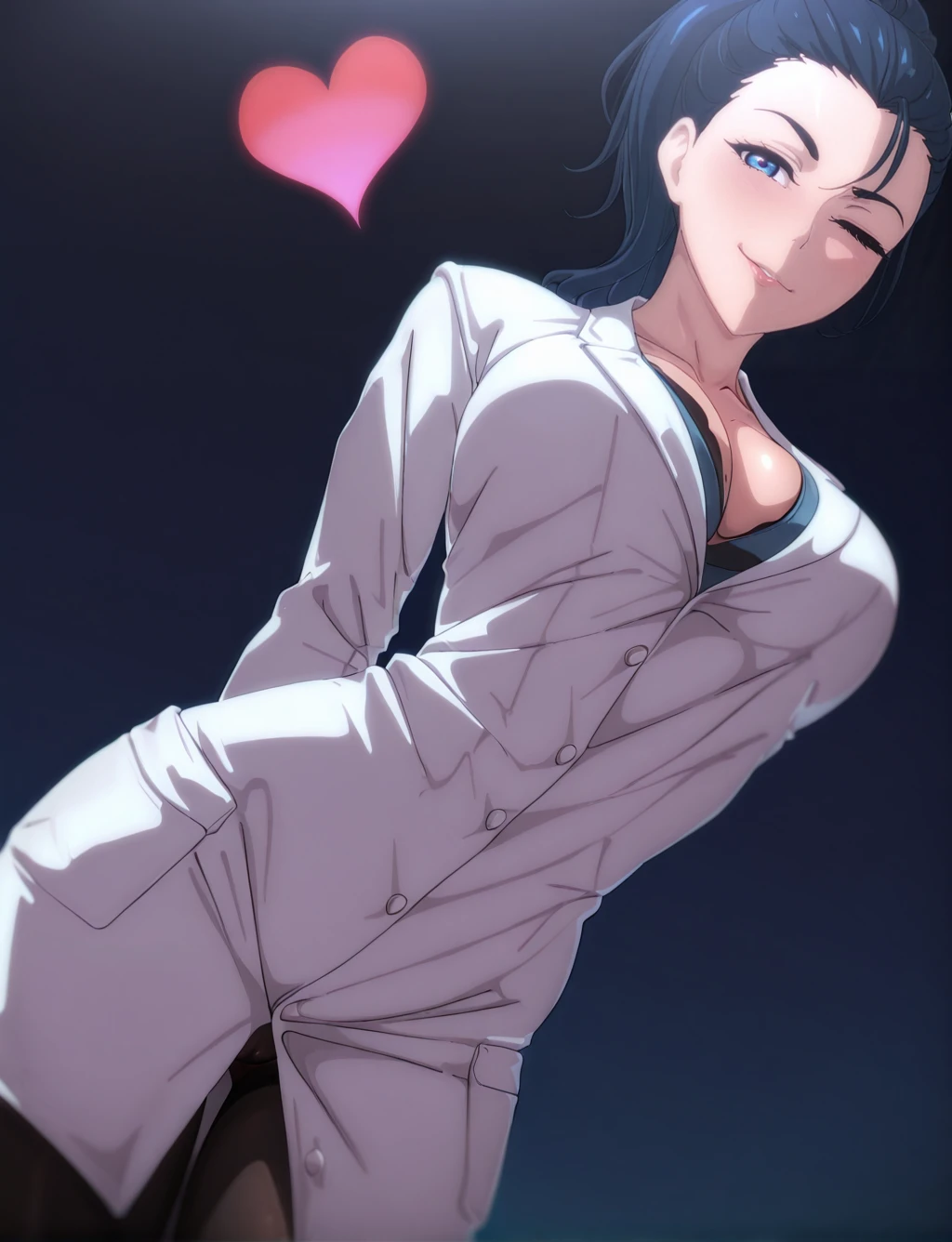 masterpiece,best quality,official anime artwork, screencap, anime screencap, nsfw, uncensored, /(by Theobrobine/), masterpiece,best quality, absurdres,newest,scenery,highres, solo, 1girl, Viola, open lab coat, dynamic angle, beautiful, smirk, wink, floating heart, hands behind back, leaning forward BREAK gradient background, covered crotch, black pantyhose, <lora:Viola_IL_v3:0.8>, <lora:Theobrobine:1>