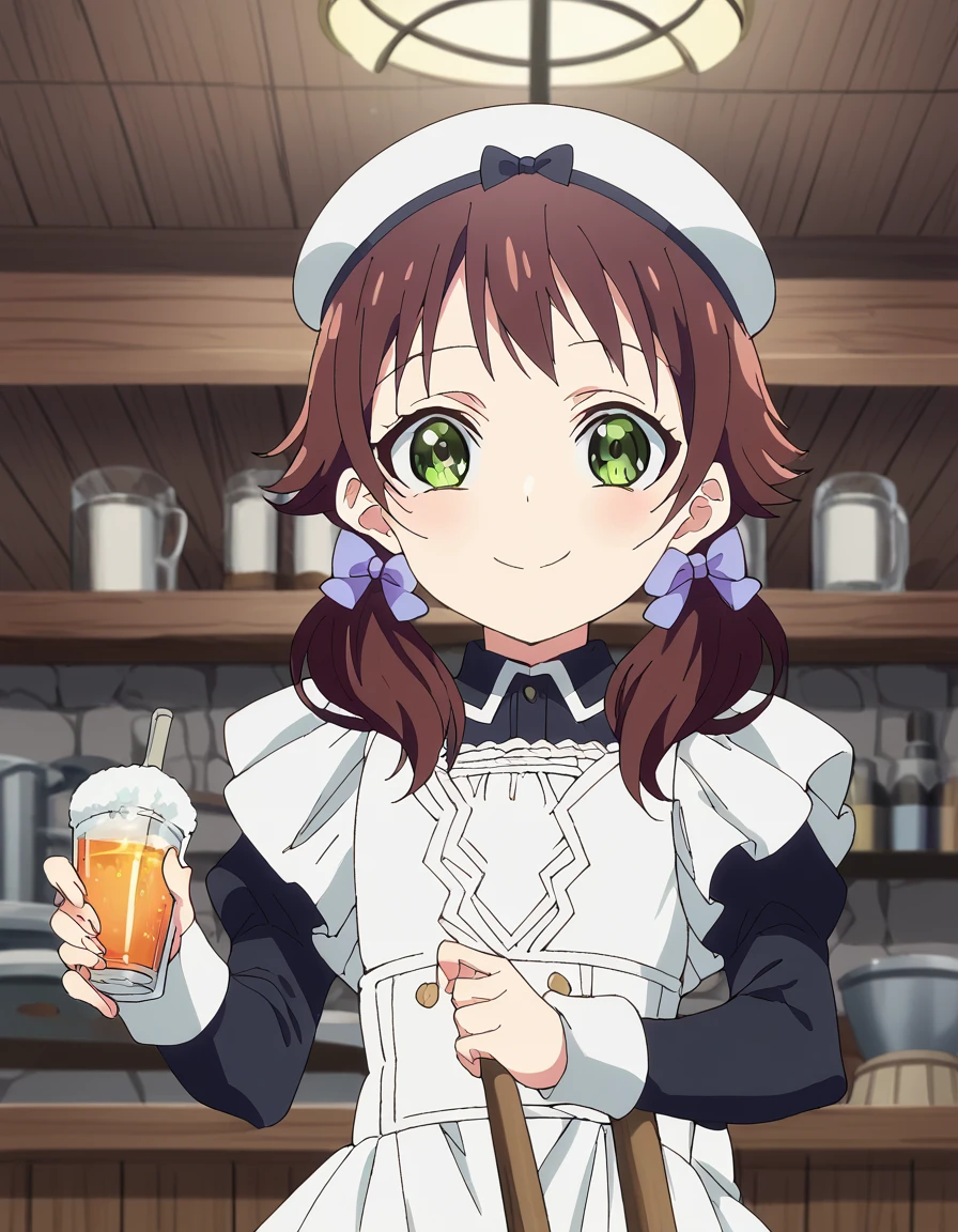 score_9, score_8_up, score_7_up, source_anime, <lora:seireigensouki-chloe-s2-ponyxl-lora-nochekaiser:1>, chloe, brown hair, twintails, green eyes, hair bow, anime screencap,, long sleeves, hat, apron, maid, bar, drinks, stools, counter, nightlife, smile, <lora:lap-pov-ponyxl-lora-nochekaiser:1>, lap pov, lap pillow, from below, ceiling, looking down, pov, blush, smile,, looking at viewer, solo,, cowboy shot