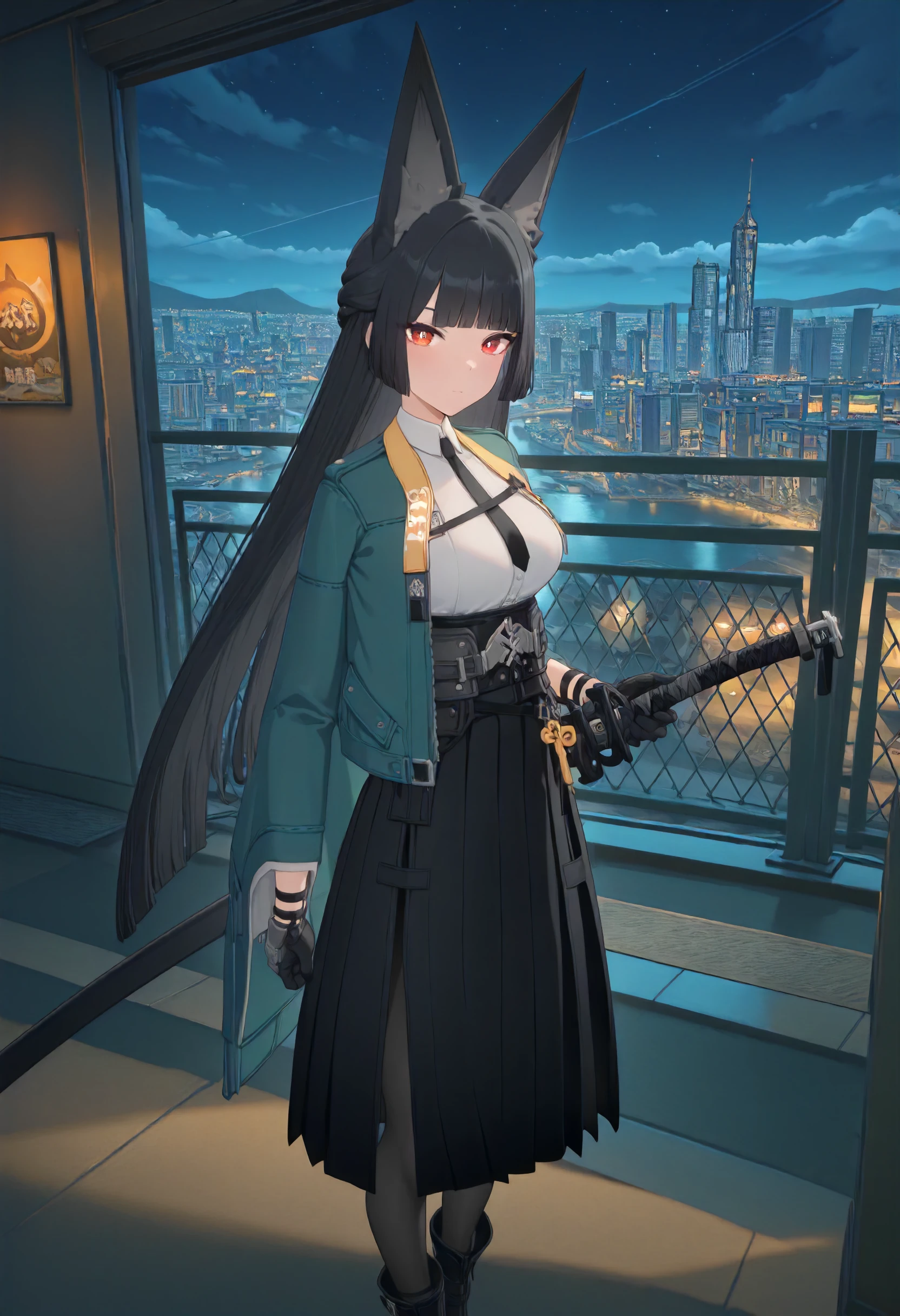 masterpiece, best quality, amazing quality, very aesthetic, absurdres, newest, scenery, volumetric lighting, perfect eyes, ultra detailed,
1girl, Hoshimi Miyabi, solo, black fox ears, black hair, bangs, long hair, red eyes, white pupils,
green cape jacket, white shirt, black tie, belt, clasp, black gloves, long skirt, black skirt, open side skirt, pantyhose, black boots, side katana,
standing, looking at viewer, holding sword,
city, night sky, beautiful frame, backlighting,
<lora:Hoshimi_Miyabi_-_Zenless_Zone_Zero_ZZZ__Illustrious:1>
masterpiece, best quality, amazing quality, very aesthetic, absurdres, newest, scenery, volumetric lighting, perfect eyes, ultra detailed,