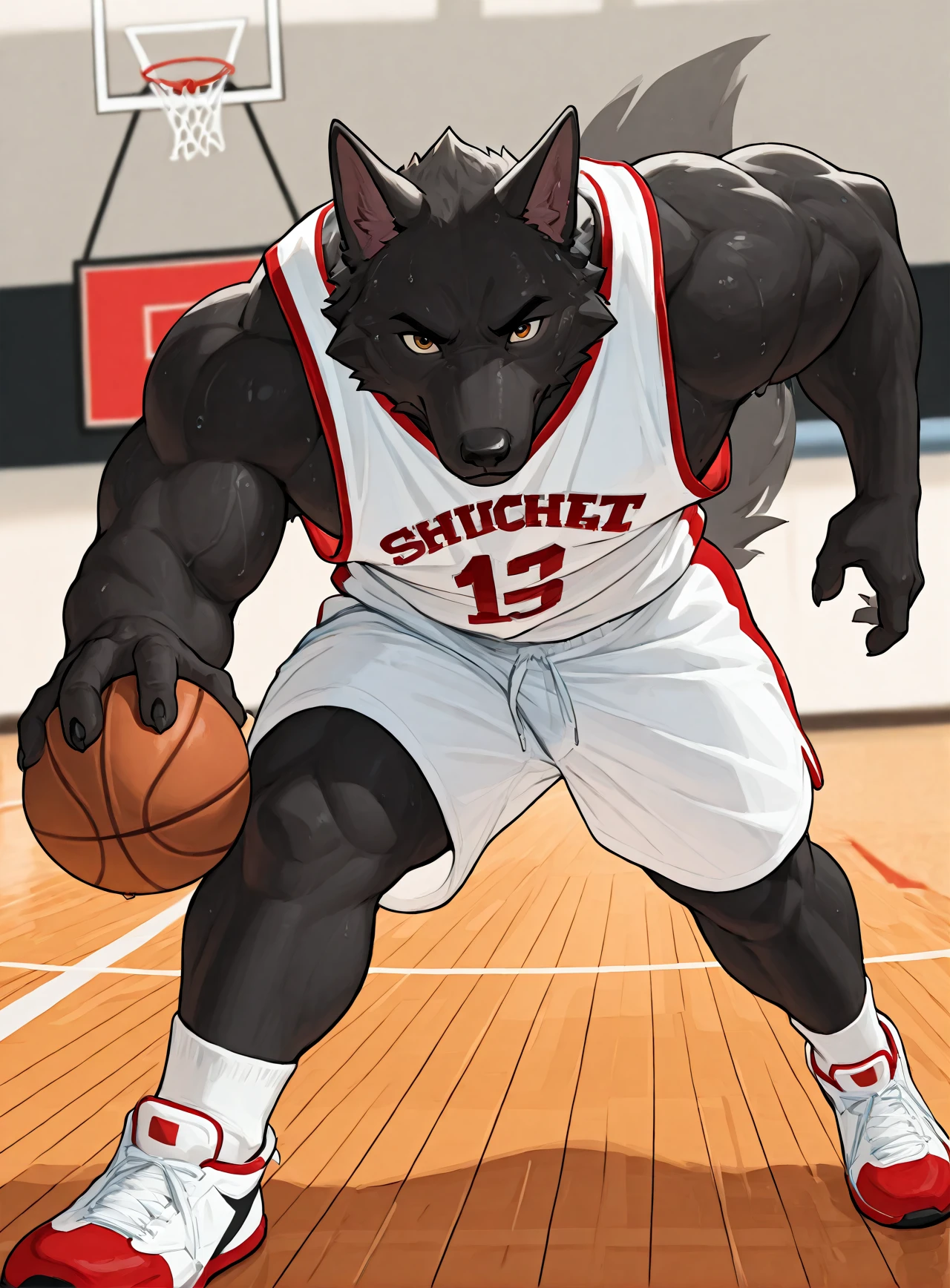 solo,male furry,bara,Muscles,perfect anatomy,5 finger,smooth,huge plump biceps Muscles,perfect anatomy,masterpiece,wolf,
solo focus,Basketball court,basketball,indoor basketball court,wagging tail,dribbling,acting cool,serious,yellow spotlight,shooting basketball,playing basketball,basketball jersey,basketball shoes,sweating,sweating. running,double crossover,white socks,shorts,