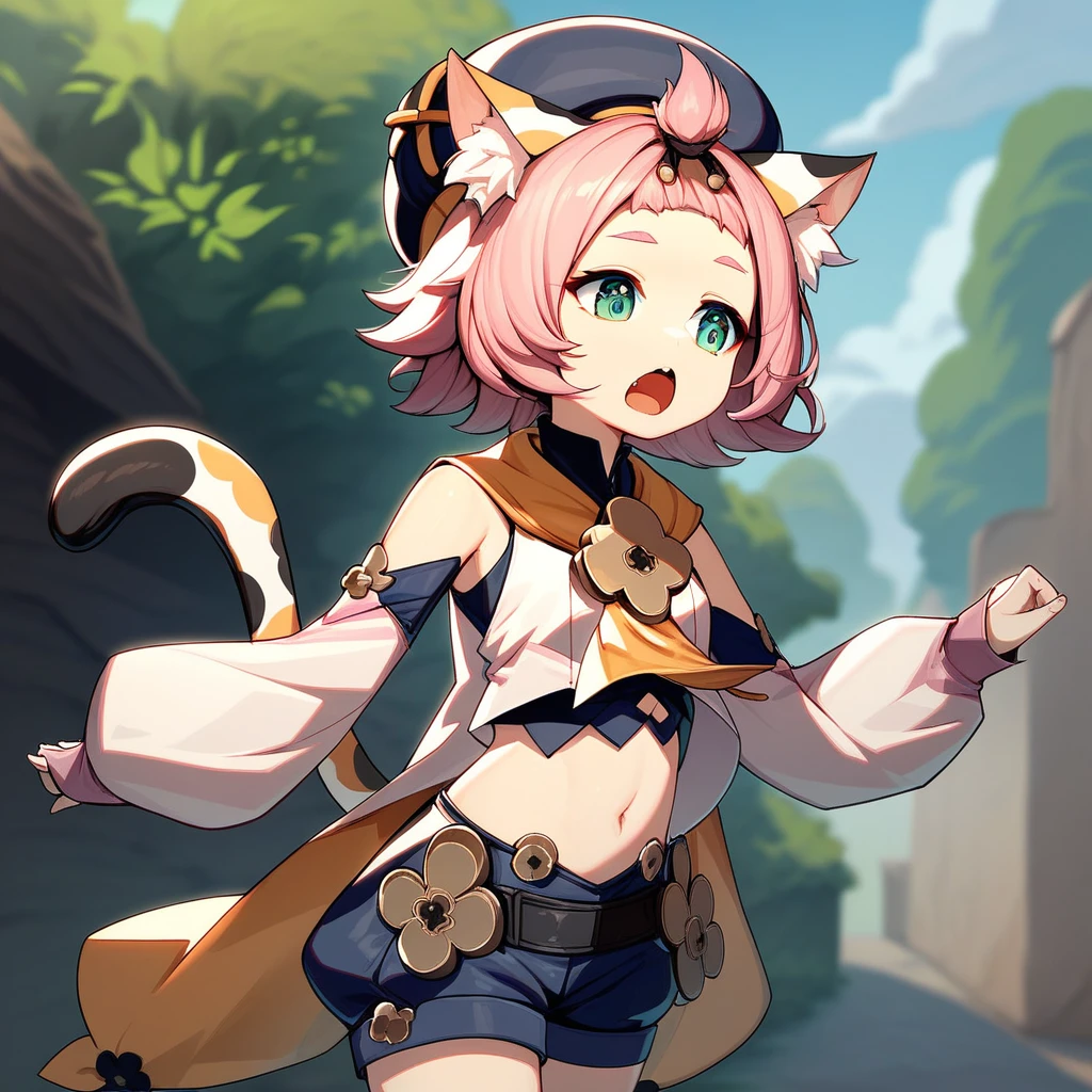 catgirl, bottomless, , furrowed eyebrows, small smile, loli, outsidail, detached sleeves, hat
