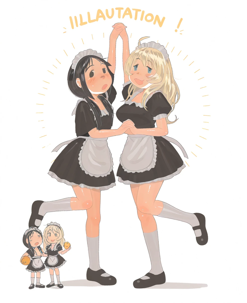<lora:chzzeiCIVITAI:1> chzzei,
(masterpiece), (best quality), (ultra-detailed), amazing quality, very aesthetic, illustration, perfect composition, intricate details, absurdres, incredibly absurdres, shiny skin, realistic,
chzzei, multiple girls, maid headdress, blonde hair, chito (shoujo shuumatsu ryokou), yuuri (shoujo shuumatsu ryokou), 2girls, enmaided, alternate costume, holding hands, low twintails, ahoge, maid apron, blue eyes, socks, long hair, black dress, open mouth, white background, standing on one leg, blush, smile, kneehighs, interlocked fingers, simple background, full body, shoes, rubber duck