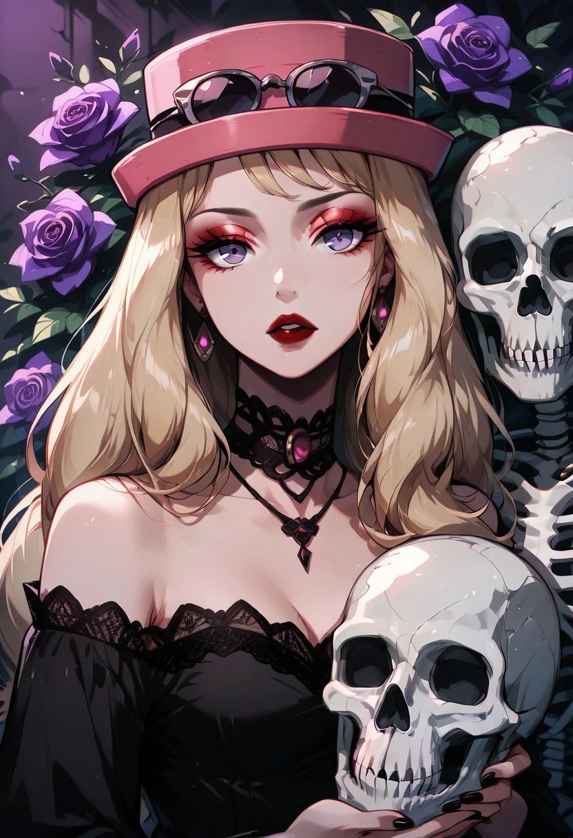 masterpiece, best quality, 1girl, solo, eyelashes, (beautiful eyes),   zzSerena, solo, long hair, blue eyes, eyewear on headwear, pink headwear, eyelashes, 
dress, holding, cleavage, jewelry, purple eyes, collarbone, upper body, flower, earrings, parted lips, choker, off shoulder, black dress, wavy hair, black choker, lipstick, lace trim, skull, purple flower, off-shoulder dress, red lips, long hair, looking at viewer, blue eyes, blonde hair, bare shoulders, purple eyes, upper body, parted lips, off shoulder, black dress, black choker, off-shoulder dress, red lips, skeleton, (holding skull, red lips, kissing),