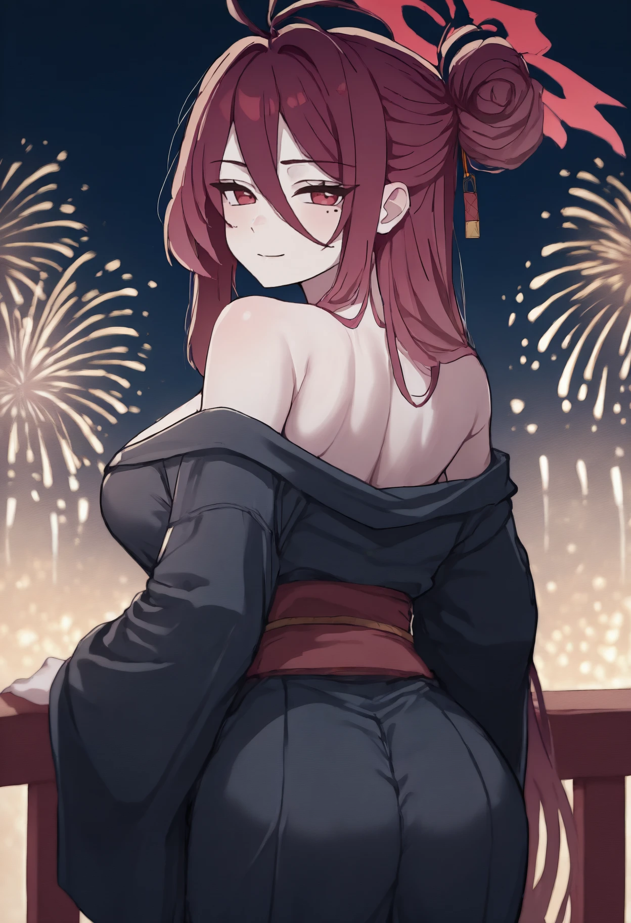 anime, masterpiece, best quality, from behind, solo, 1girl, kymrjo, mole under eye, slight smile, looking back, long hair, red hair, hair between eyes, antenna hair, single side bun, red halo, red eyes, japanese clothes, black kimono, off shoulder, red sash, bare shoulders, outdoors, night, fireworks
<segment:yolo-Anzhc Face seg 640 v2 y8n.pt,0.4,0.5//cid=1>